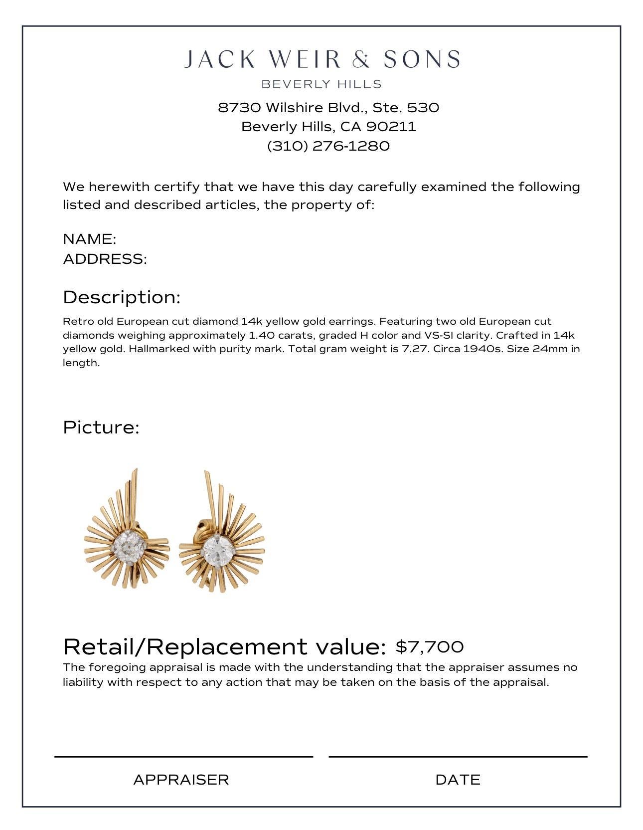 Boucles d'oreilles rétro en or jaune 14 carats avec diamant taille européenne ancienne de 1,40 carat Pour femmes en vente