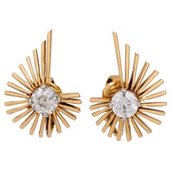 Boucles d'oreilles rétro en or jaune 14 carats avec diamant taille européenne ancienne de 1,40 carat