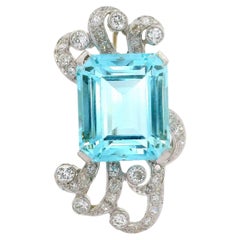Retro 14.00 Carat Aquamarine Diamond Platinum 14K Gold Brooch