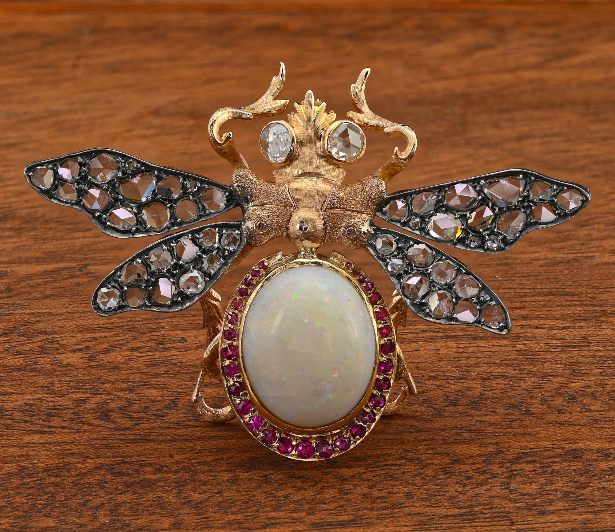 This exceptionally hand crafted, richly detailed, vintage brooch is 1940 circa, Italian origin
Modeled in the most fascinating fly design in a magic combination of earth mined gemstones
Hand crafted of solid 18 KT gold with some silver portions for