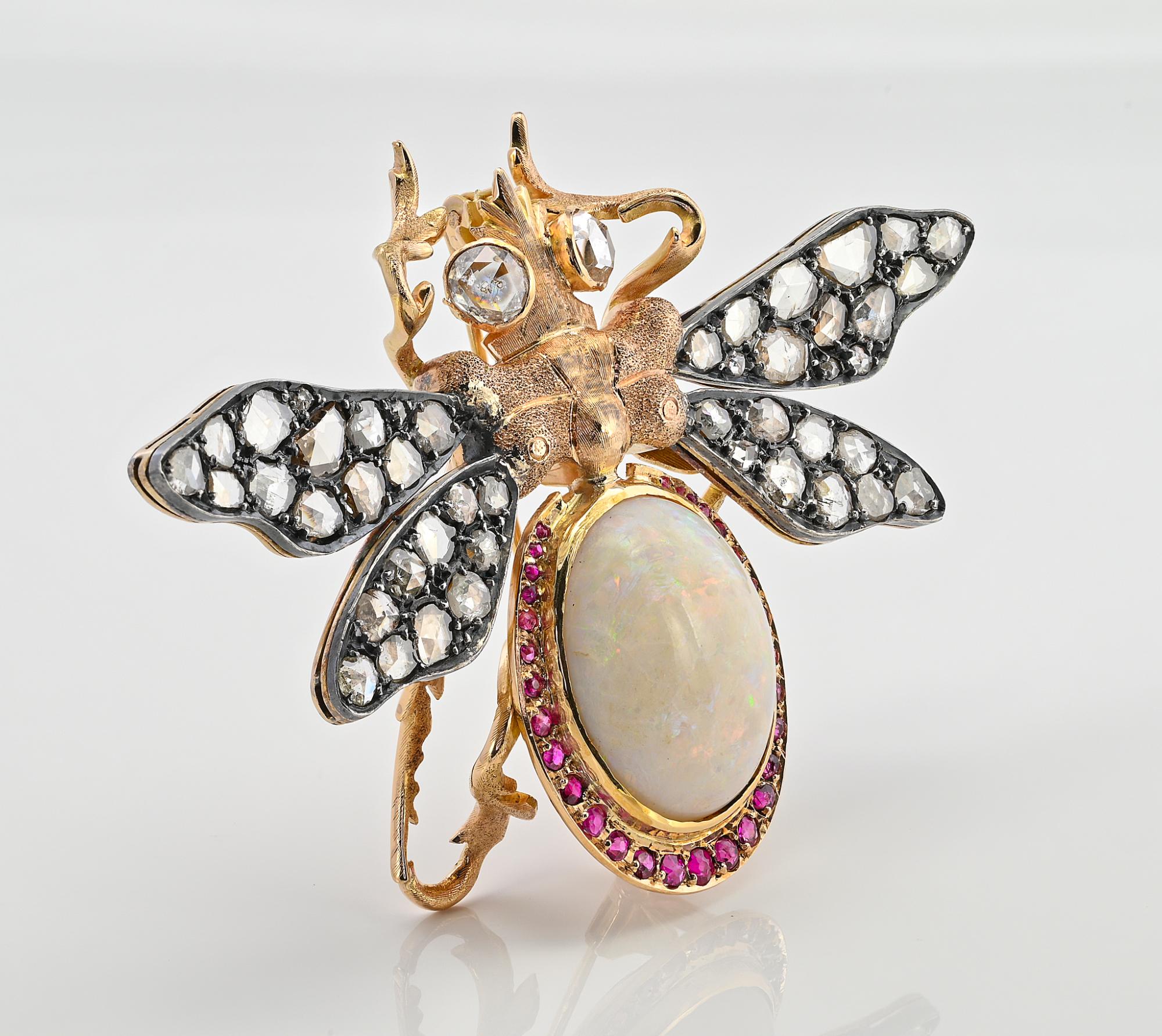 Cabochon Retro 14.00 Ct Opal 4.10 Ct Diamond Ruby Insect Brooch 18 KT/Silver For Sale