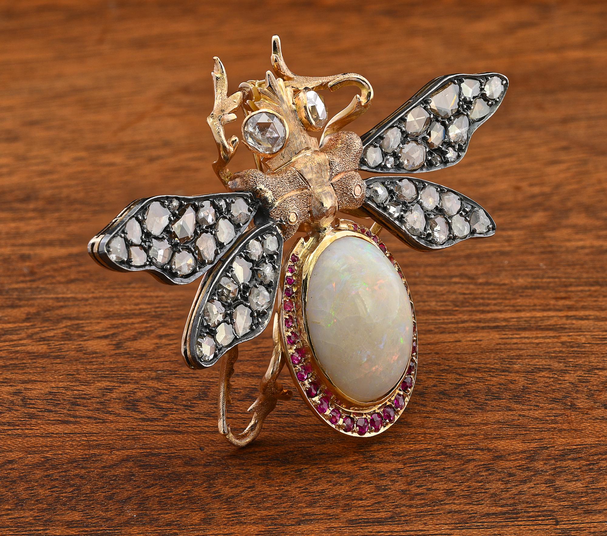Retro 14.00 Ct Opal 4.10 Ct Diamond Ruby Insect Brooch 18 KT/Silver In Good Condition For Sale In Napoli, IT