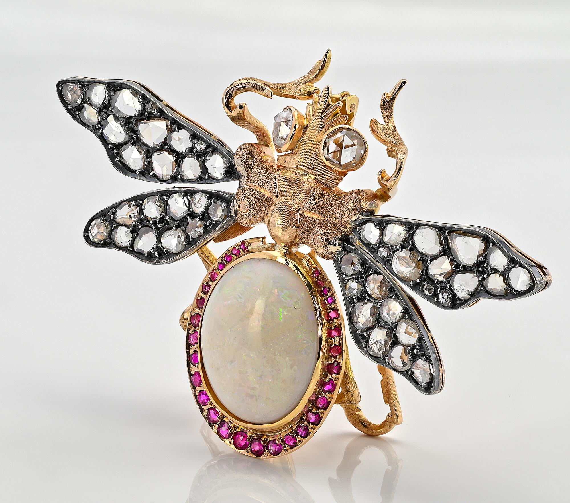 Women's or Men's Retro 14.00 Ct Opal 4.10 Ct Diamond Ruby Insect Brooch 18 KT/Silver For Sale