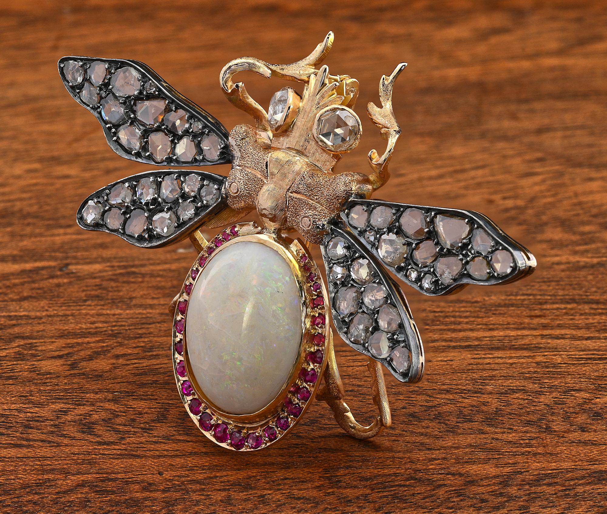 Retro 14.00 Ct Opal 4.10 Ct Diamond Ruby Insect Brooch 18 KT/Silver For Sale 1