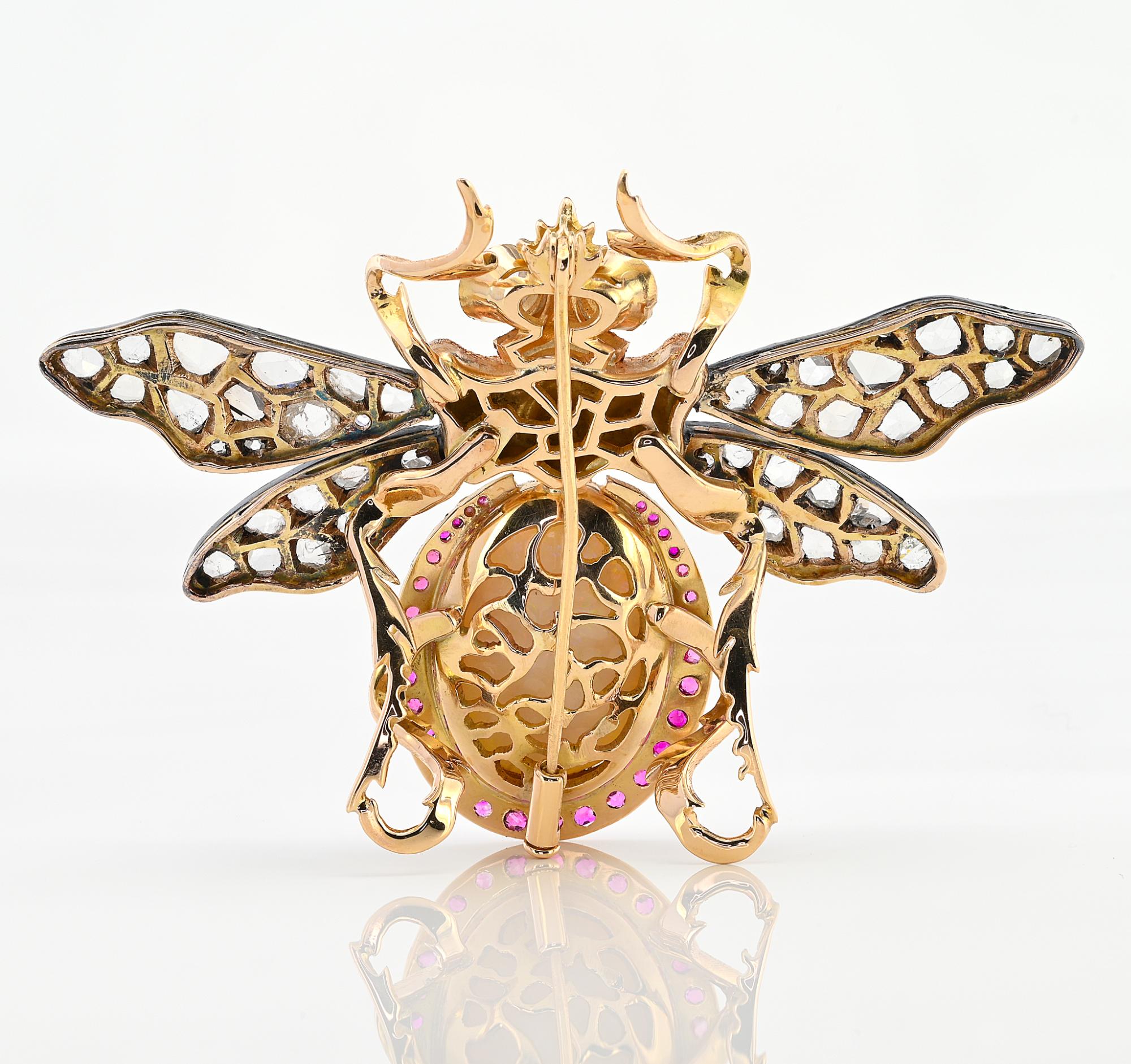 Retro 14.00 Ct Opal 4.10 Ct Diamond Ruby Insect Brooch 18 KT/Silver For Sale 2
