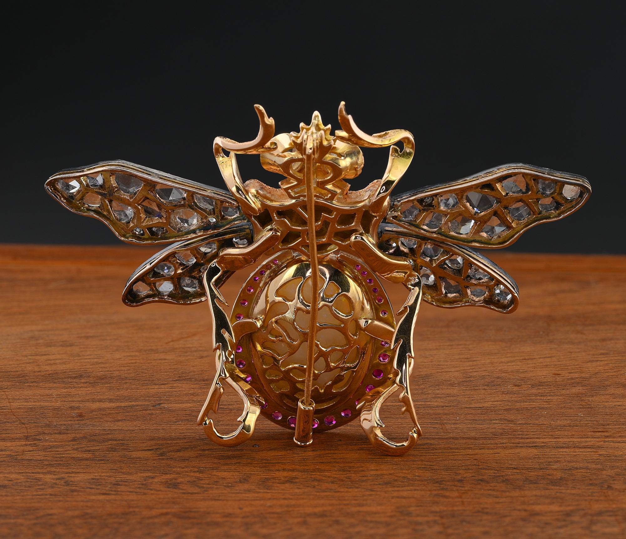 Retro 14.00 Ct Opal 4.10 Ct Diamond Ruby Insect Brooch 18 KT/Silver For Sale 3