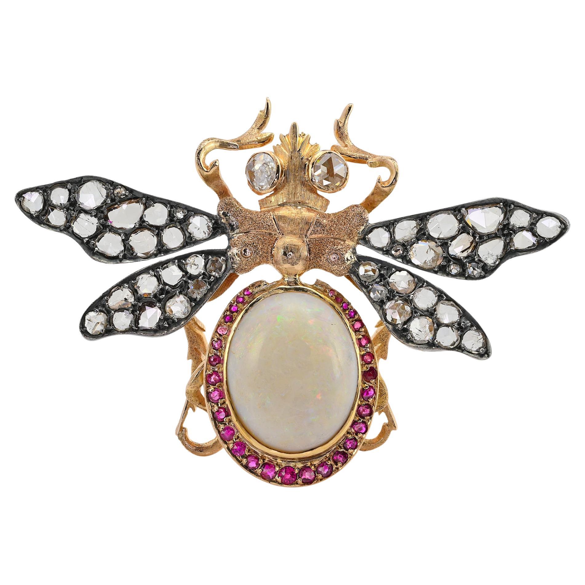 Retro 14.00 Ct Opal 4.10 Ct Diamond Ruby Insect Brooch 18 KT/Silver