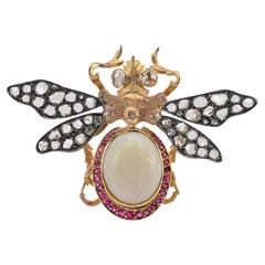 Retro 14.00 Ct Opal 4.10 Ct Diamond Ruby Insect Brooch 18 KT/Silver