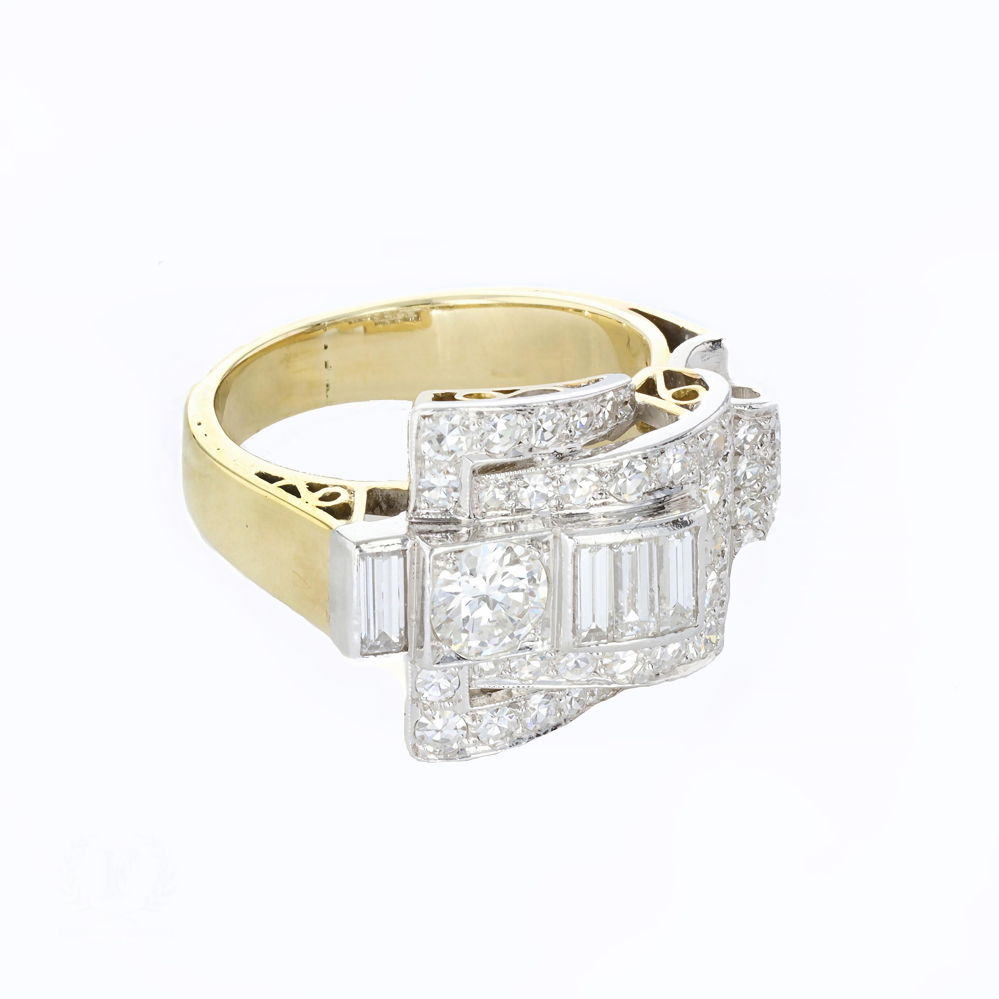 Retro 1.40ct Diamond 18k Yellow Gold and Platinum Ring. The ring is set with round and baguette cut diamonds that weigh approximately 1.40ct. The color of the diamonds is F-G with VS1 clarity. The ring weighs 9.2 grams.