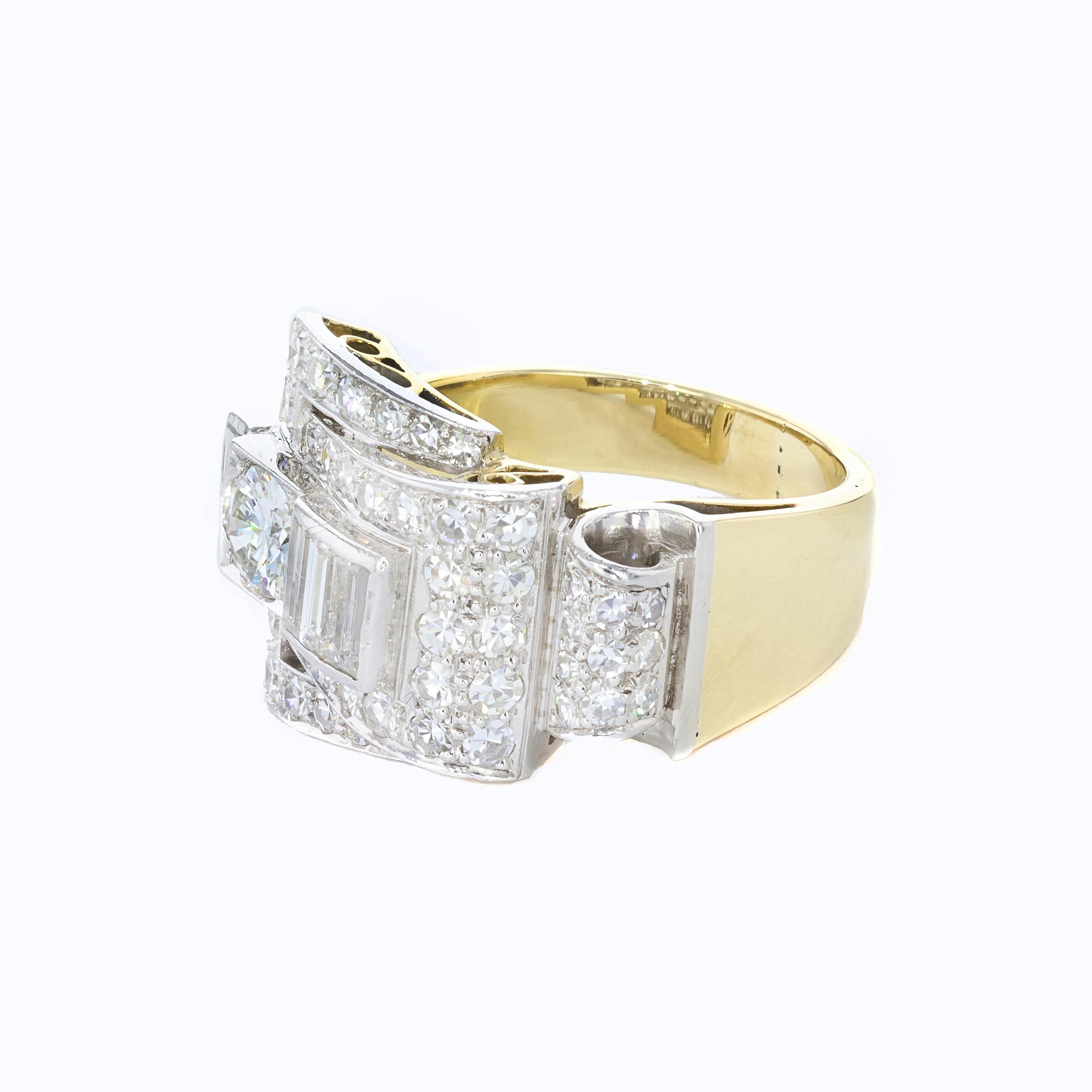 Retro 1.40ct Diamond 18k Yellow Gold and Platinum Ring In Excellent Condition In NEW ORLEANS, LA