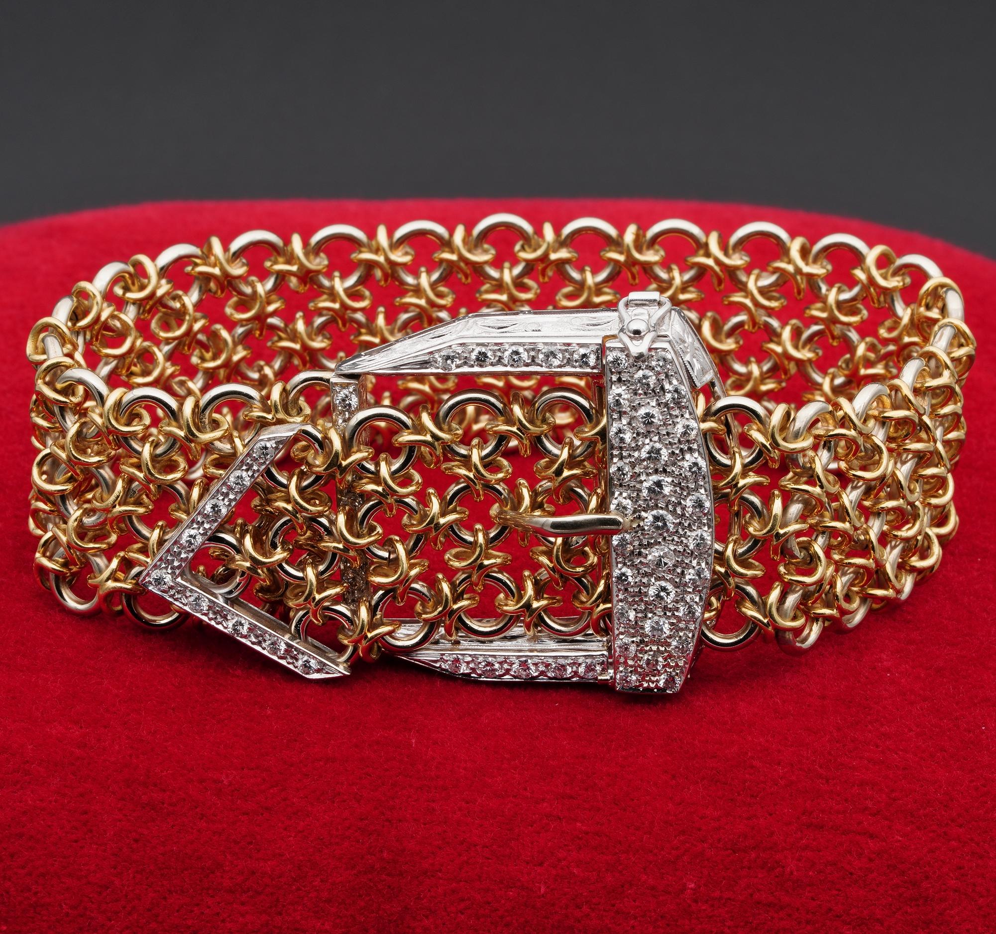 This  exceptionally hand crafted Retro Italian Bracelet is of solid 18 Kt gold
Boasts a very special hand wrought, like knitted gold wires, weighing 55.6 grams – completed with a geometric beautiful designed Diamond Buckle loaded with bright white