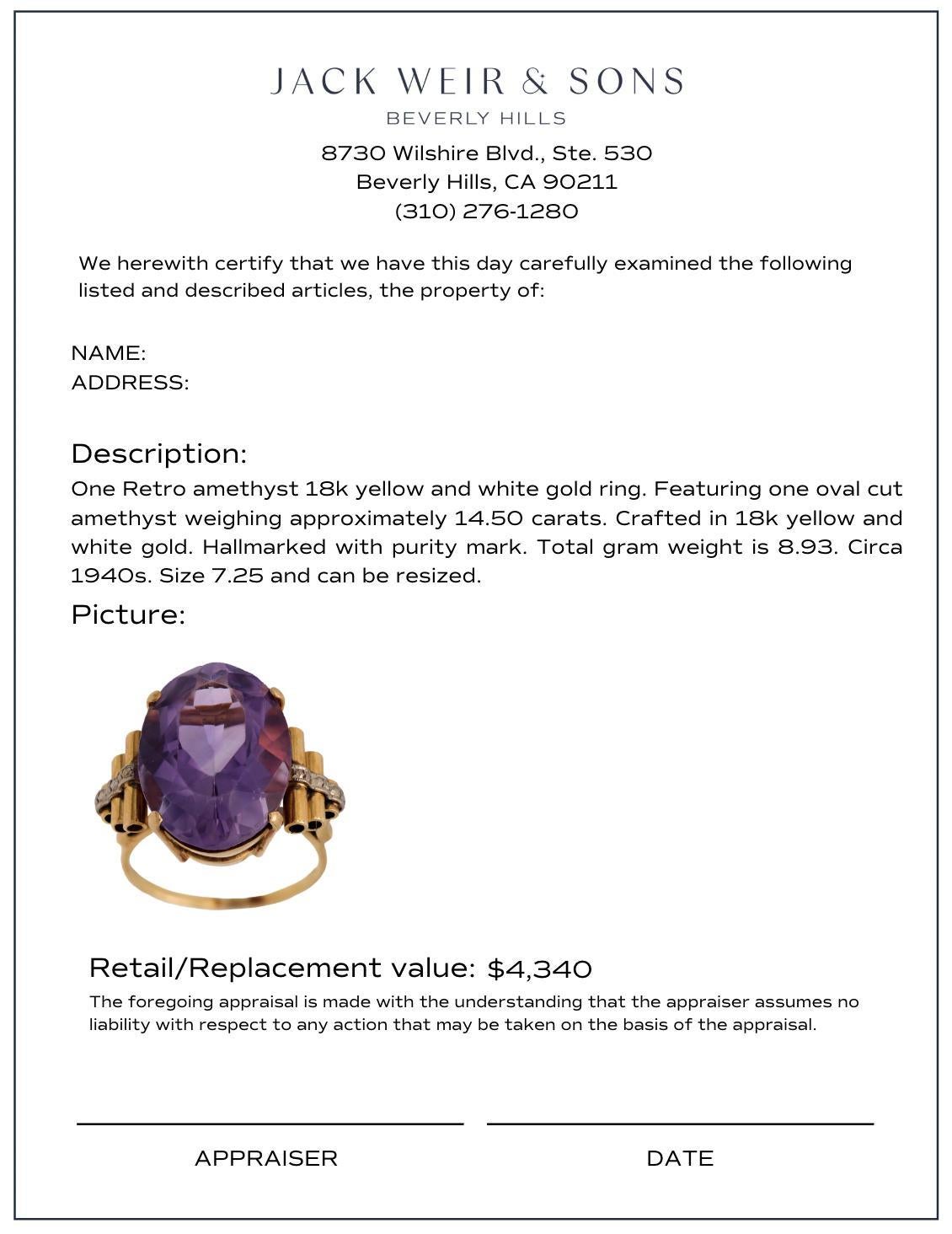 Retro 14.50 carat amethyst 18k yellow and white gold cocktail ring im Angebot 1