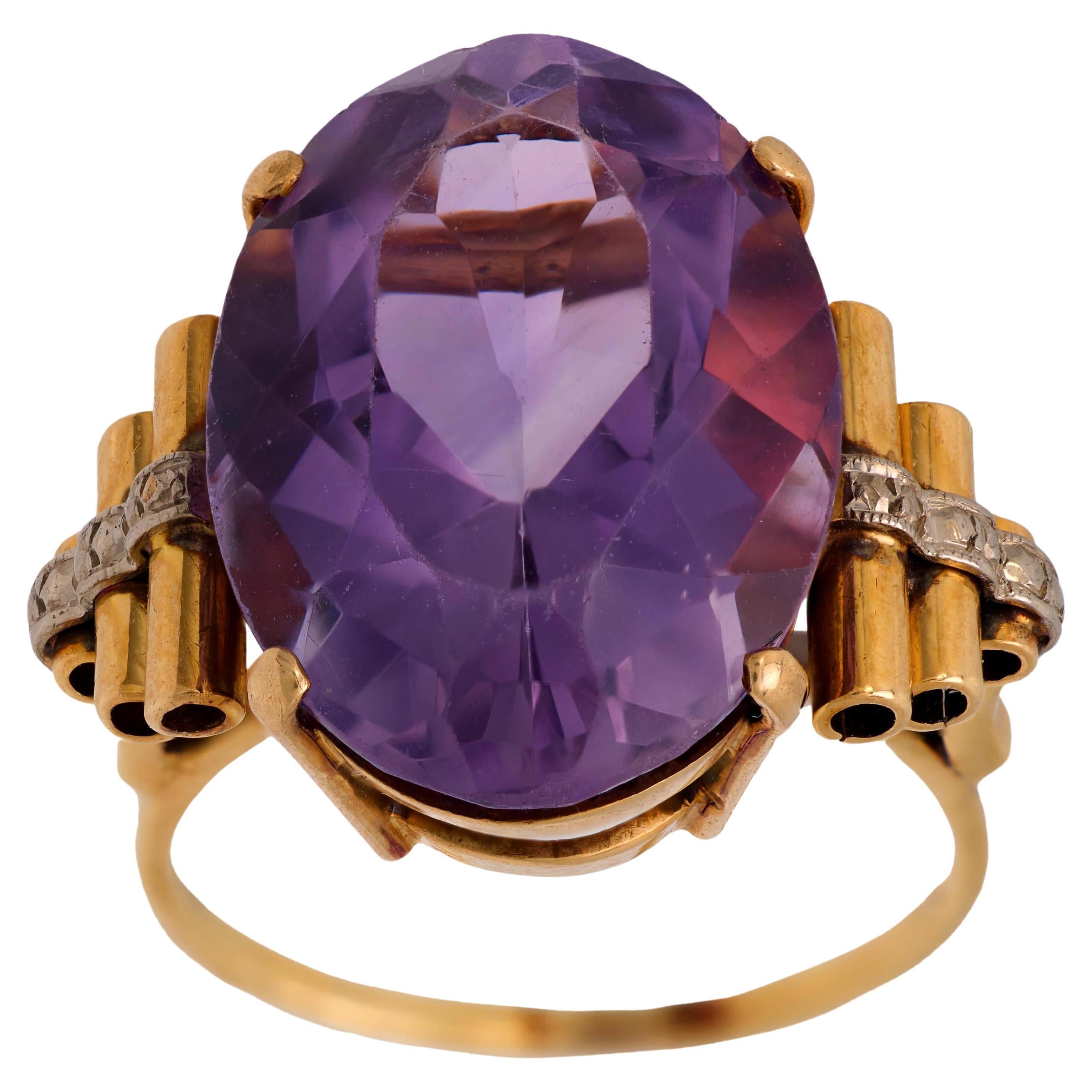 Retro 14.50 carat amethyst 18k yellow and white gold cocktail ring