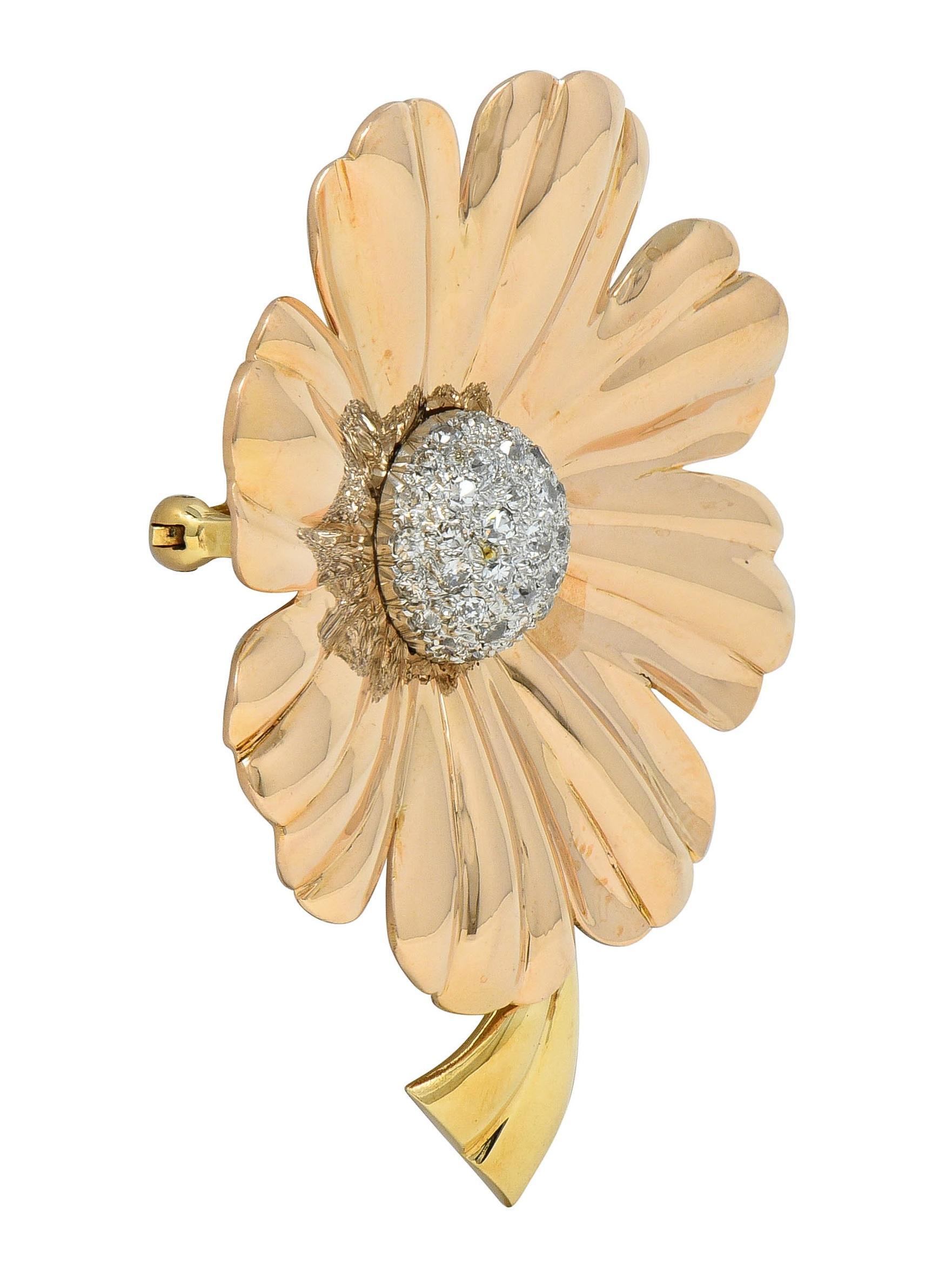 Women's or Men's Retro 1.46 CTW Diamond 14 Karat Tri-Gold Vintage Daisy Flower Brooch For Sale