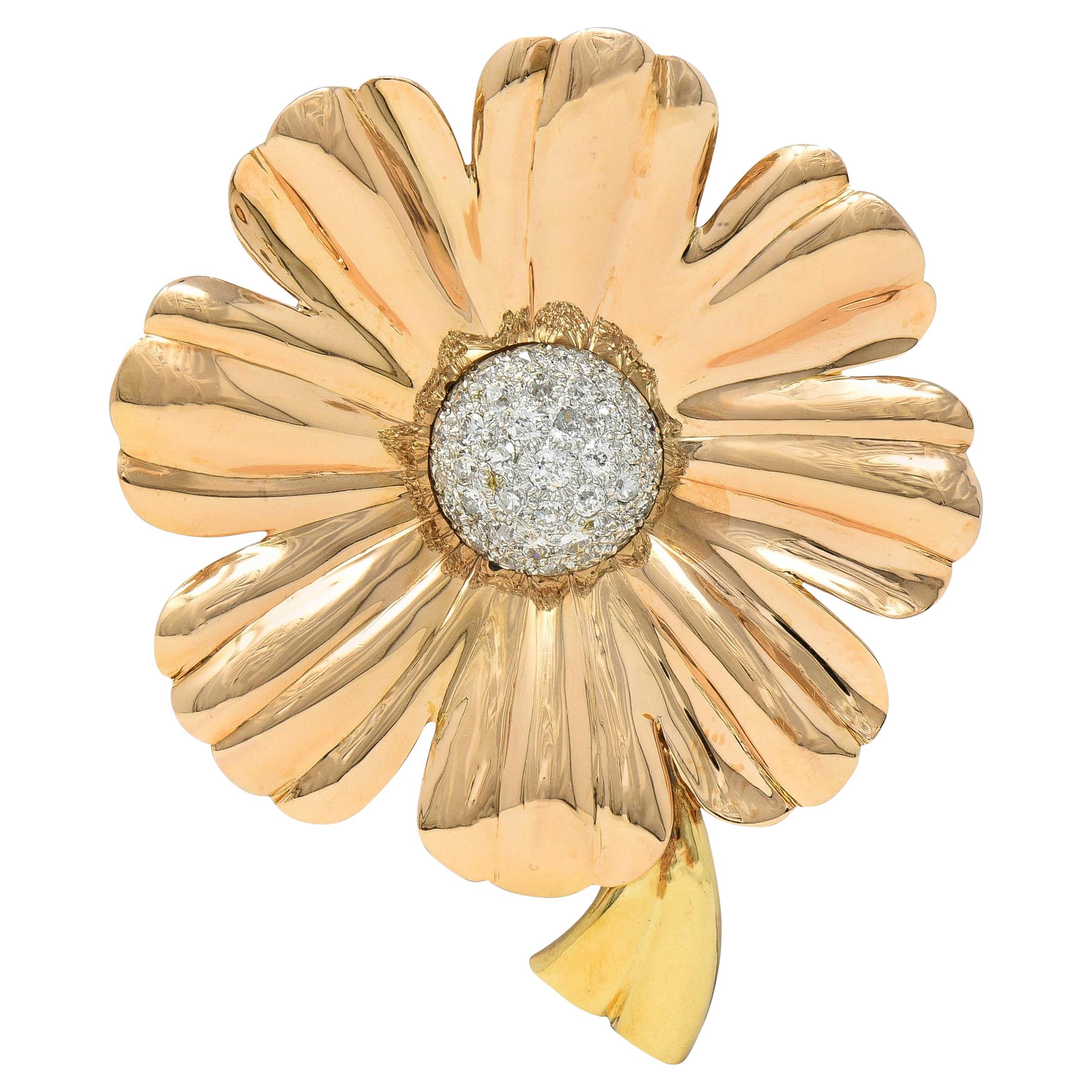 Retro 1.46 CTW Diamond 14 Karat Tri-Gold Vintage Daisy Flower Brooch