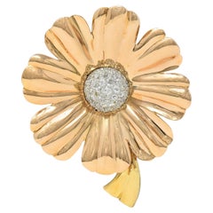 Retro 1.46 CTW Diamond 14 Karat Tri-Gold Vintage Daisy Flower Brooch