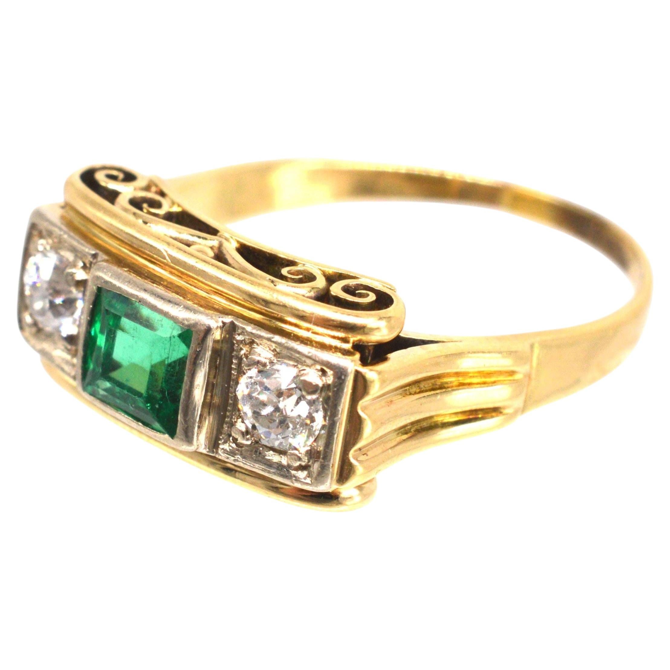 Retro 14ct Gold Emerald and Diamond Ring with Scrollwork Gallery