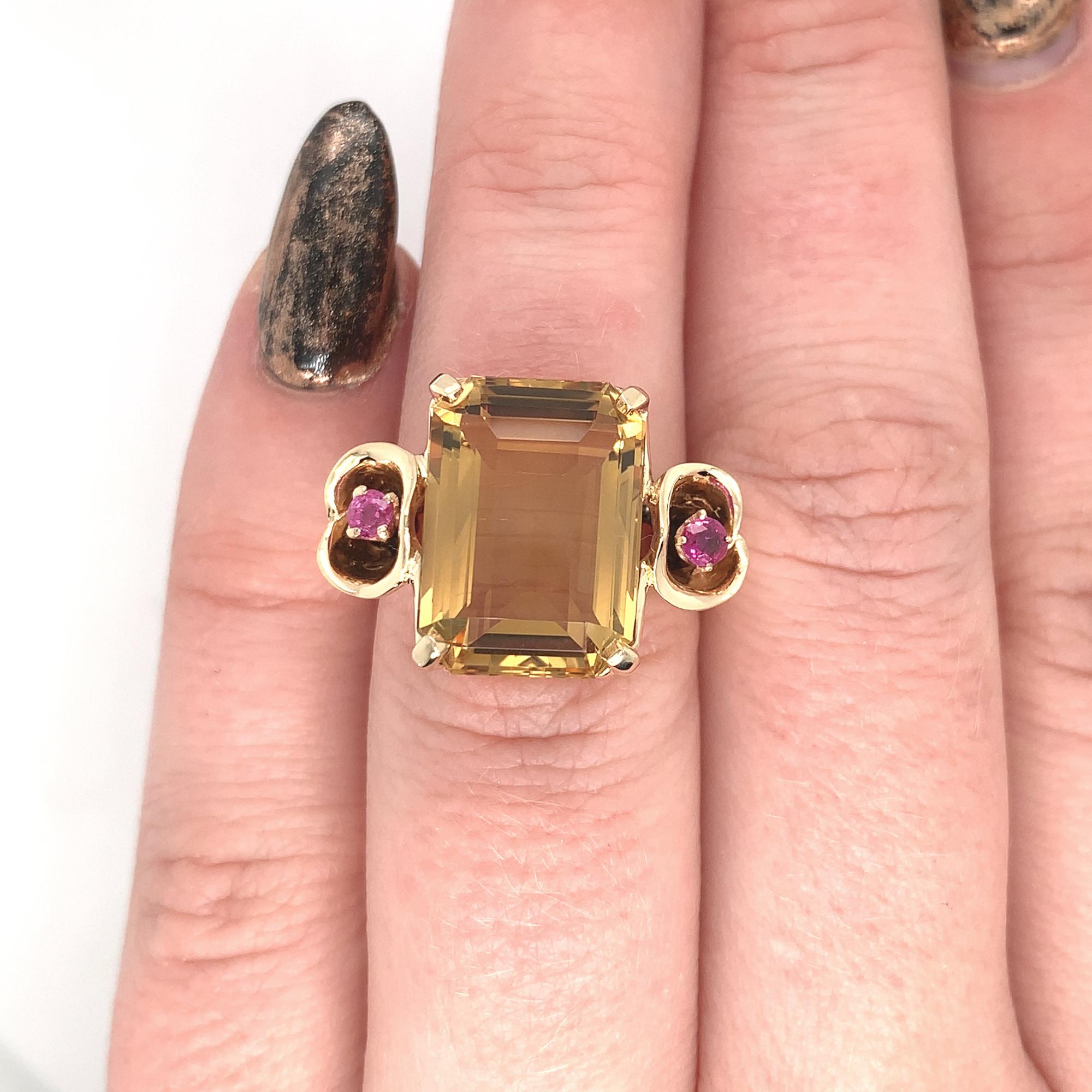 Emerald Cut Retro 14K 8.55ct Citrine Ring with Ruby For Sale