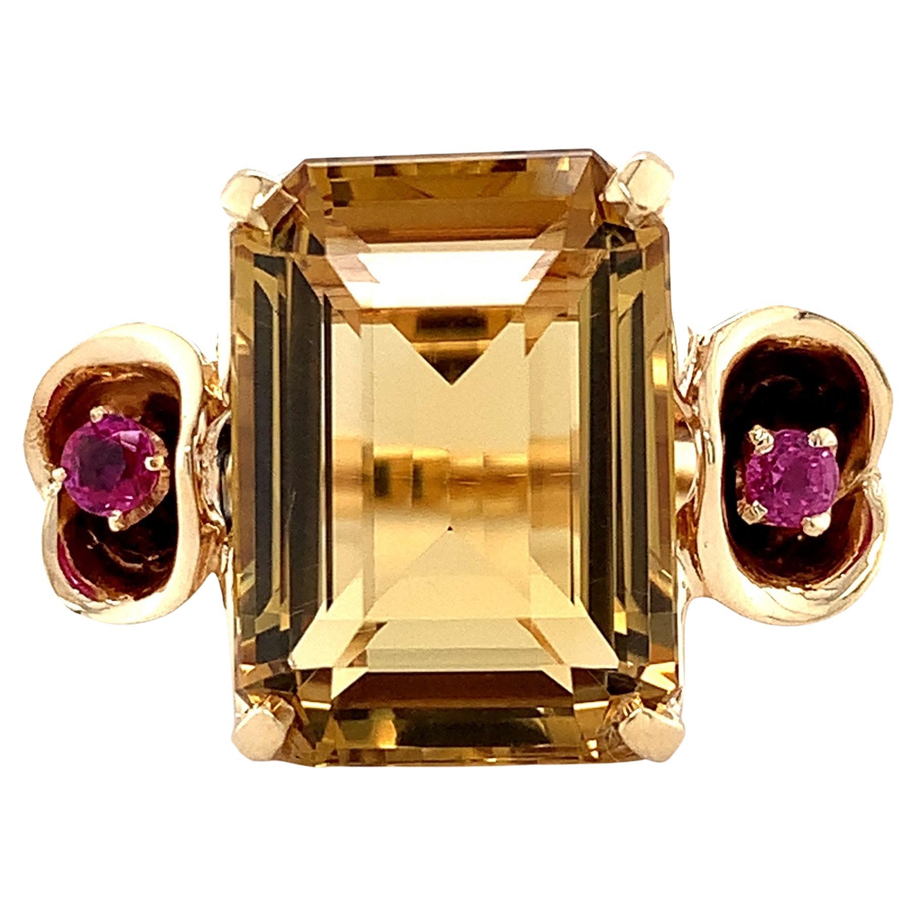 Retro 14K 8.55ct Citrine Ring with Ruby For Sale