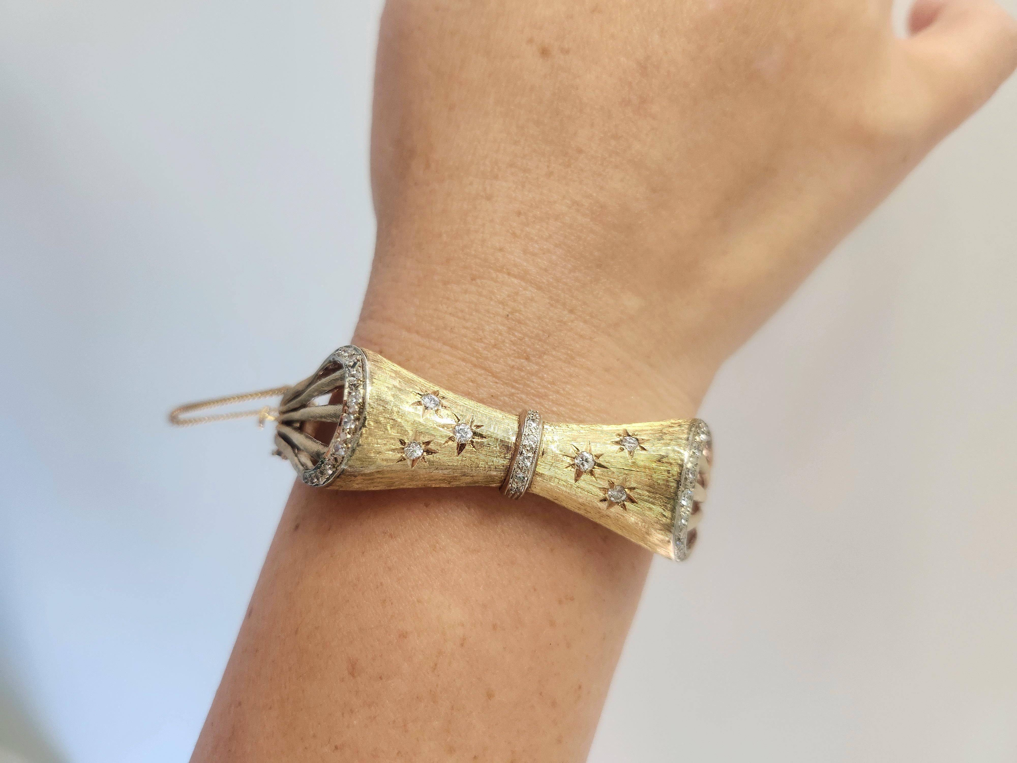 Retro 14K Brushed Gold and Diamond Stars Bow Tie Bangle Bracelet For Sale 1