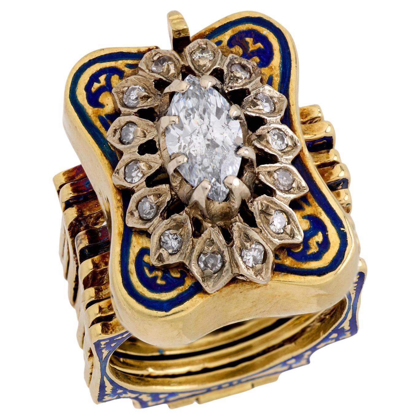 Retro 14k Diamond and Enamel Convertible Ring/Bracelet