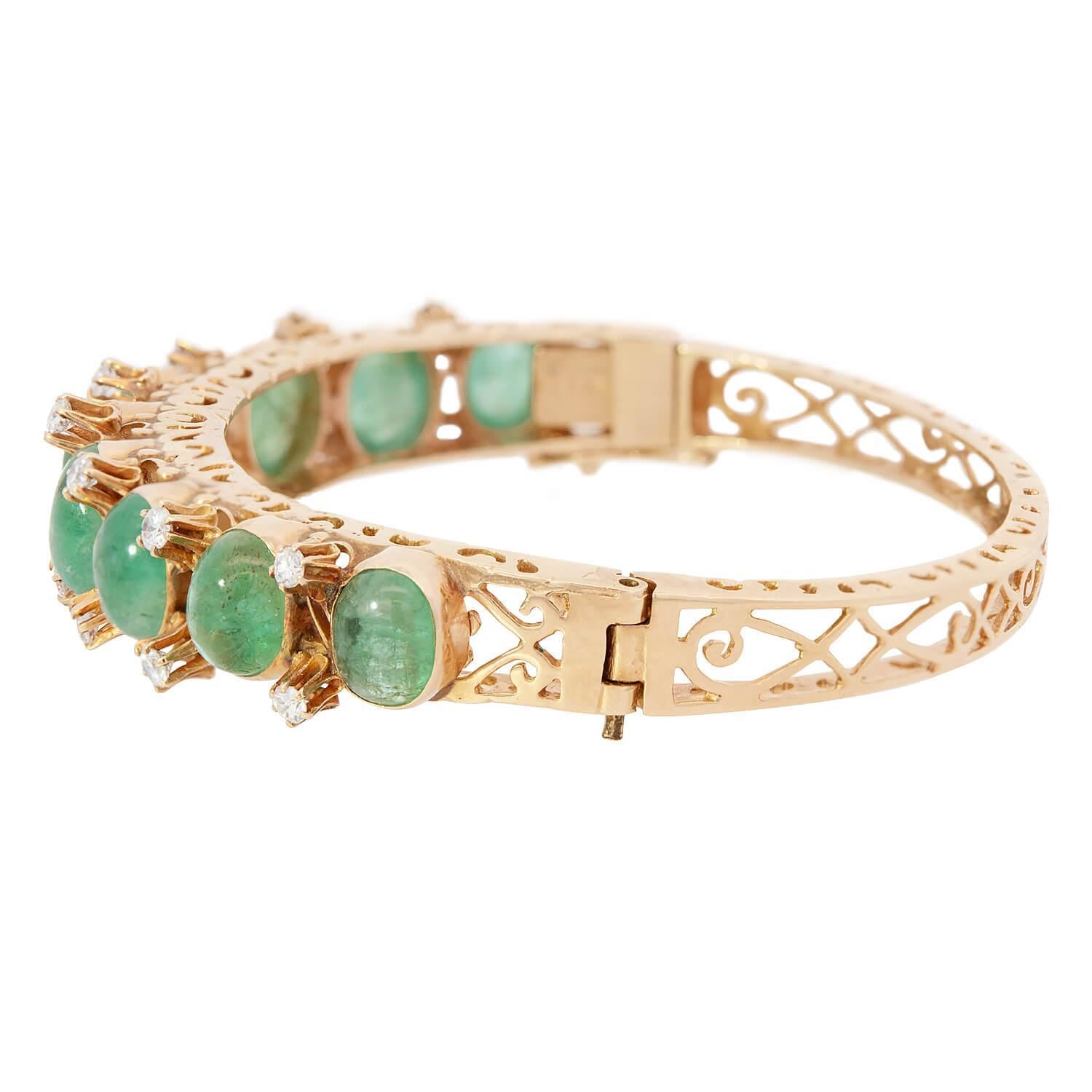 Retro 14k Emerald and Diamond Bangle Bracelet In Good Condition For Sale In Narberth, PA