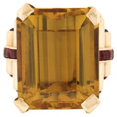 Retro 14K Gold 30.6ct Large Rectangular Citrine Solitaire & Ruby Cocktail Ring