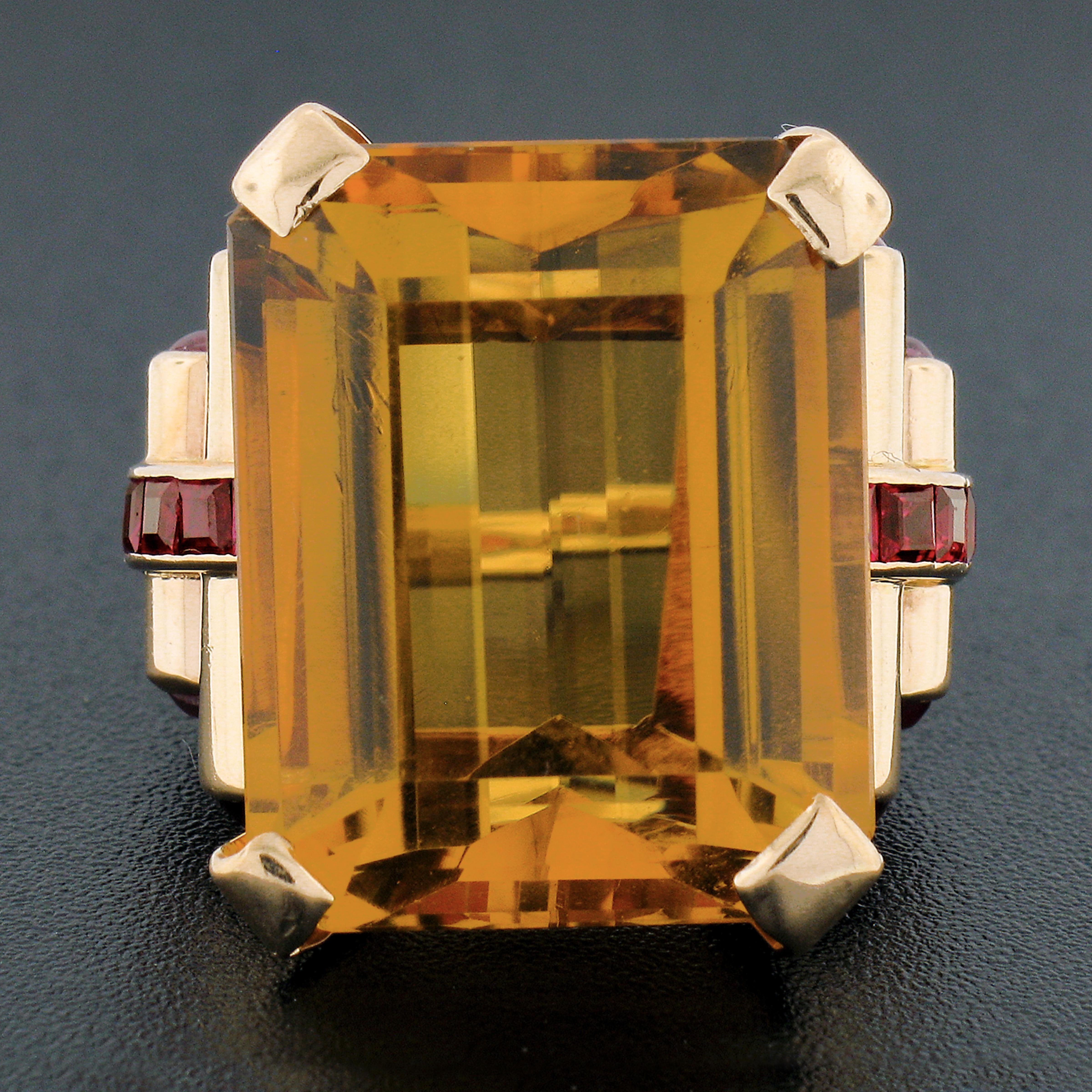 Emerald Cut Retro 14K Gold 30.6ct Large Rectangular Citrine Solitaire & Ruby Cocktail Ring