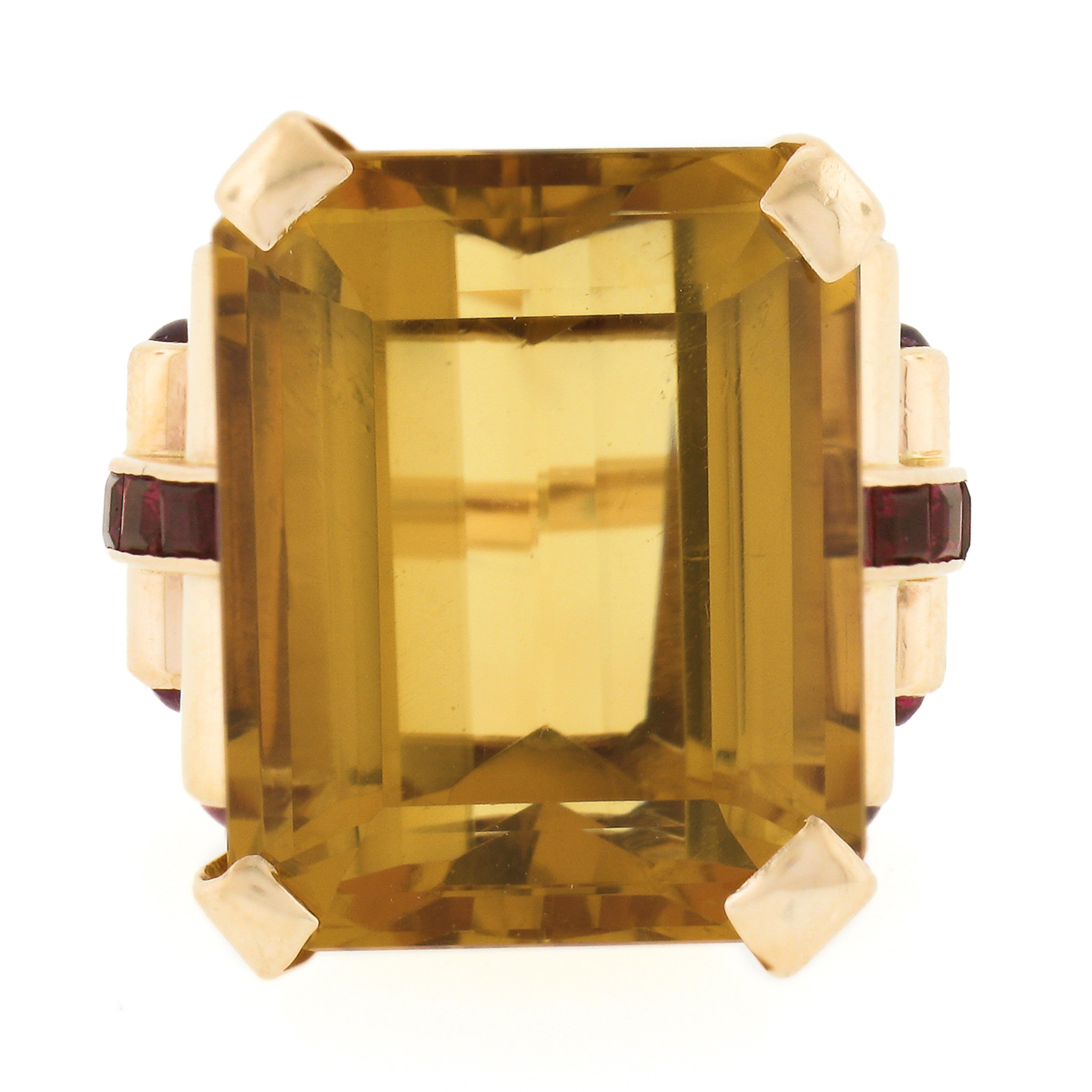 Retro 14K Gold 30.6ct Large Rectangular Citrine Solitaire & Ruby Cocktail Ring In Good Condition In Montclair, NJ