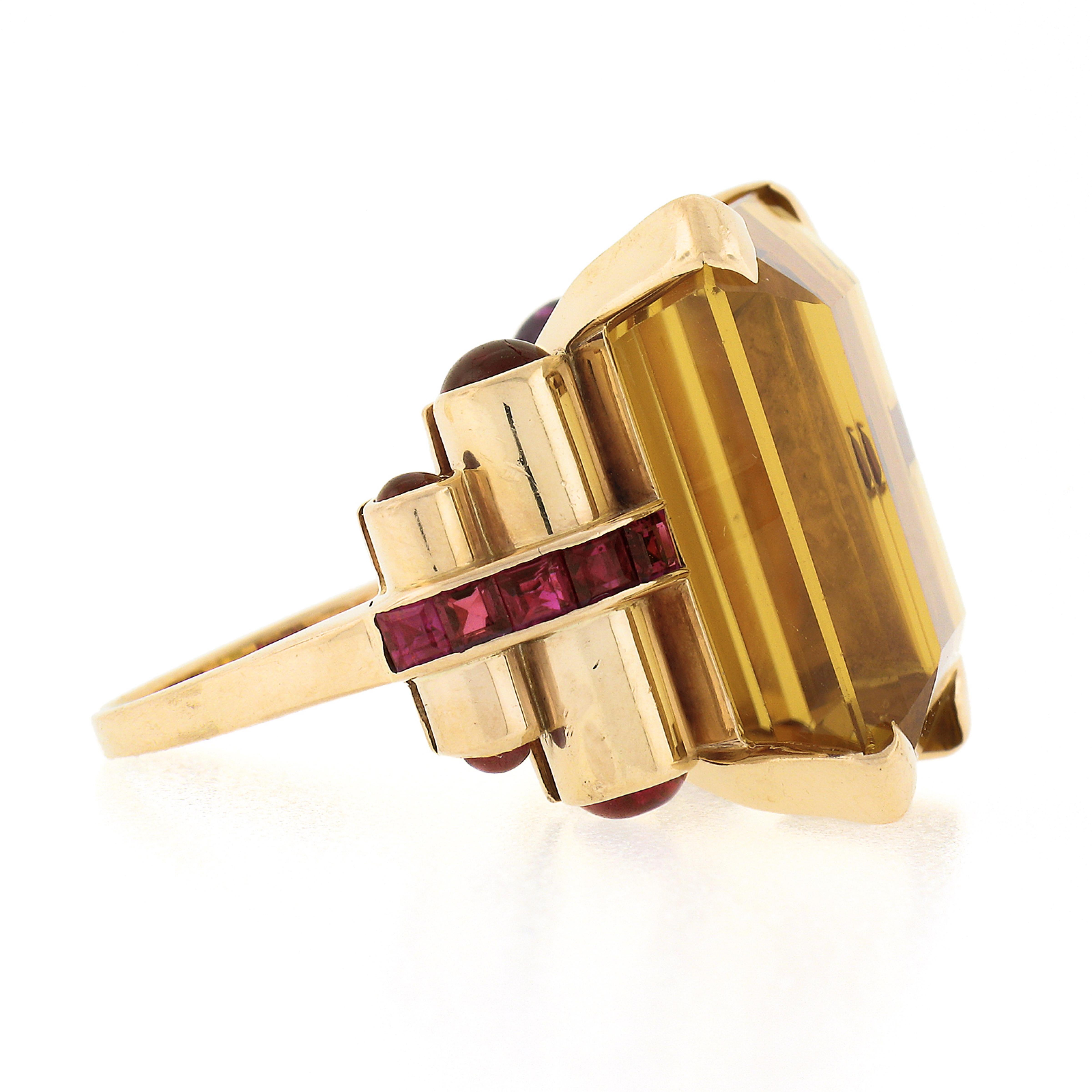 Women's Retro 14K Gold 30.6ct Large Rectangular Citrine Solitaire & Ruby Cocktail Ring