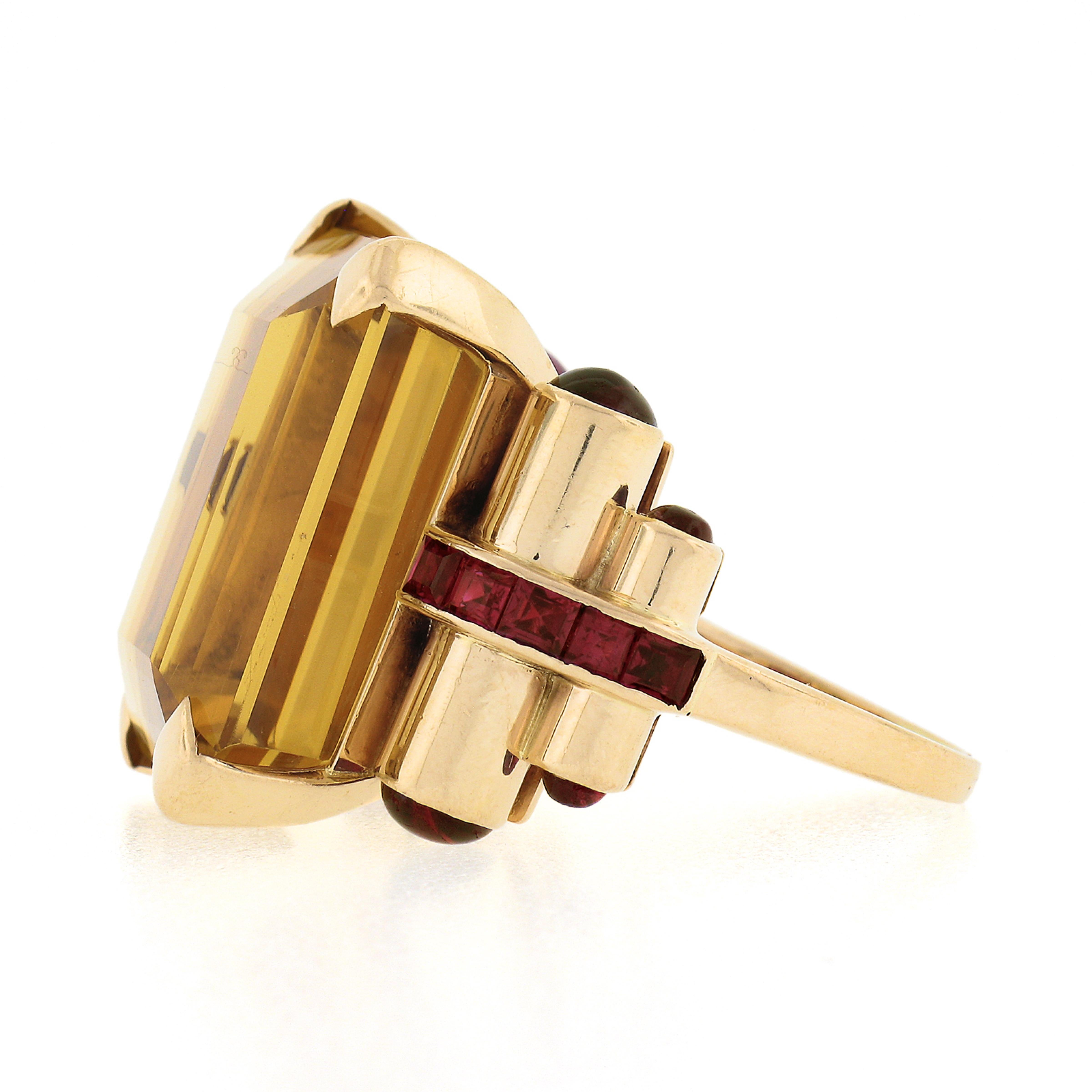 Retro 14K Gold 30.6ct Large Rectangular Citrine Solitaire & Ruby Cocktail Ring 1