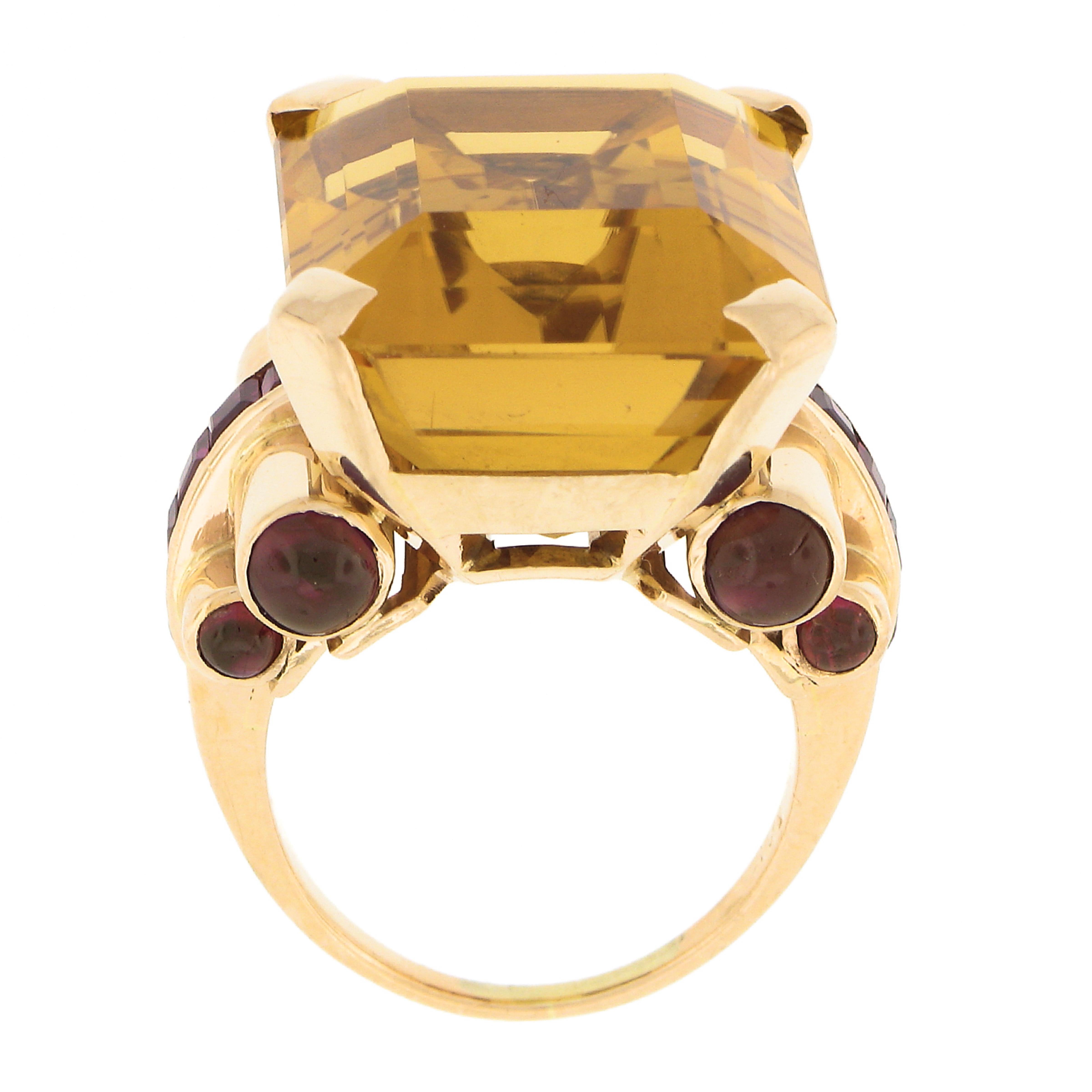 Retro 14K Gold 30.6ct Large Rectangular Citrine Solitaire & Ruby Cocktail Ring 3