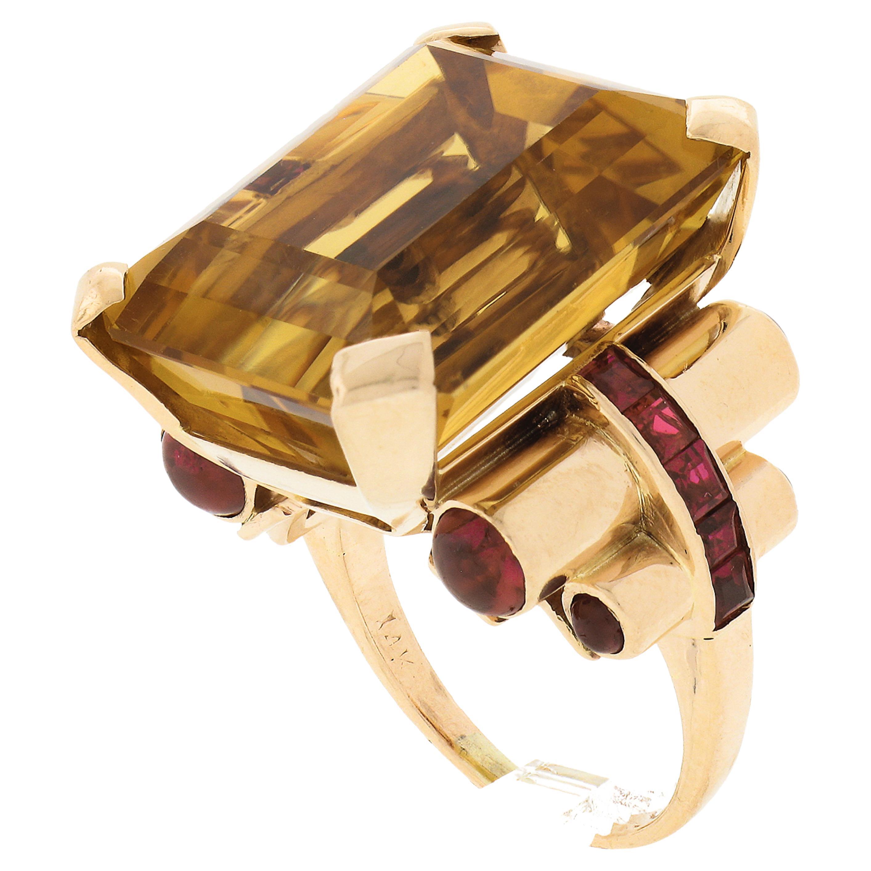 Retro 14K Gold 30.6ct Large Rectangular Citrine Solitaire & Ruby Cocktail Ring
