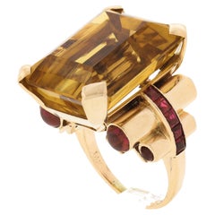 Retro 14K Gold 30.6ct Large Rectangular Citrine Solitaire & Ruby Cocktail Ring
