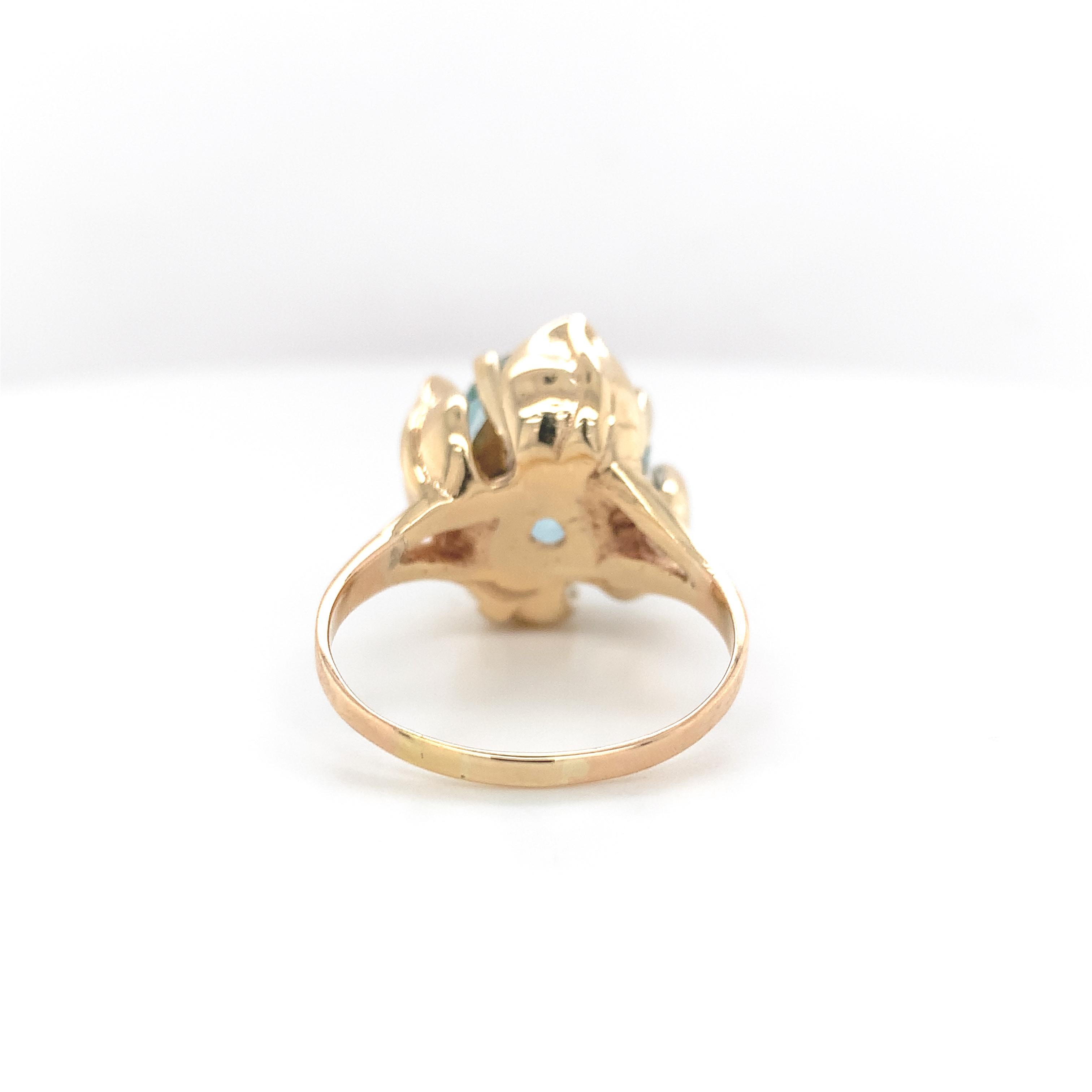 Retro 14K Gold 6,60 Karat Aquamarin-Ring mit Tulpenblättern, Retro im Zustand „Gut“ im Angebot in Big Bend, WI