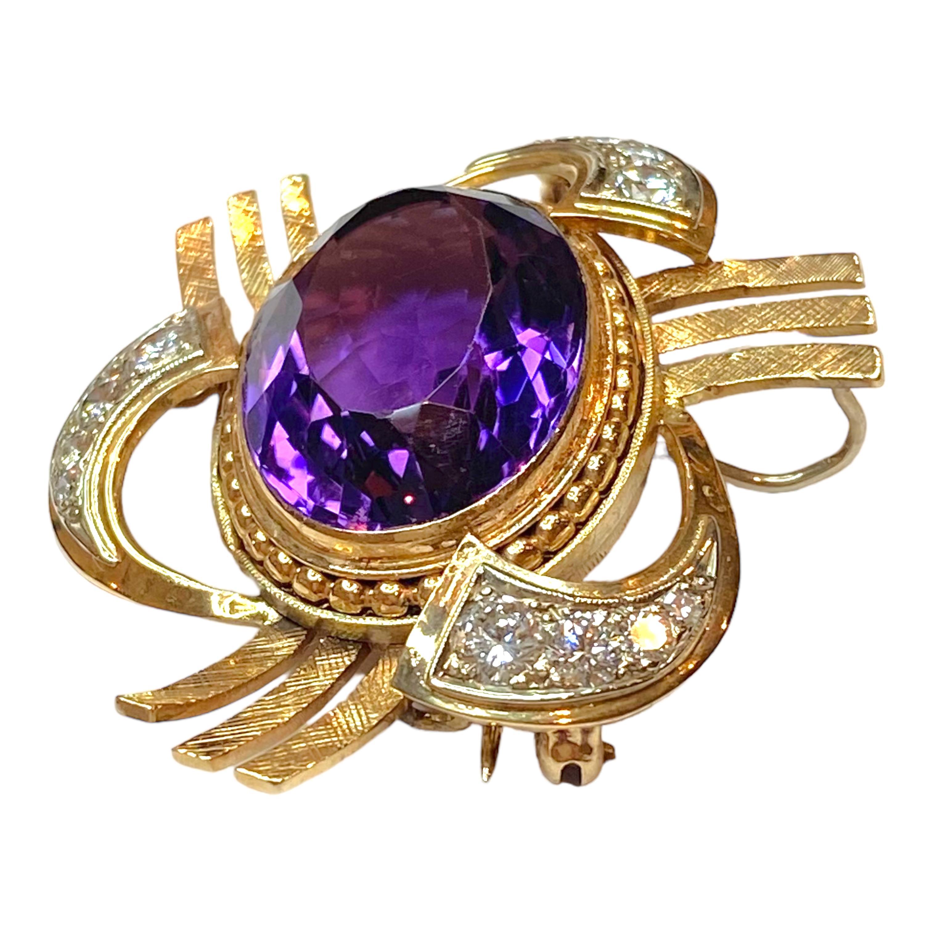 Oval Cut Retro 14K Gold Amethyst & Diamond Pendant Brooch For Sale
