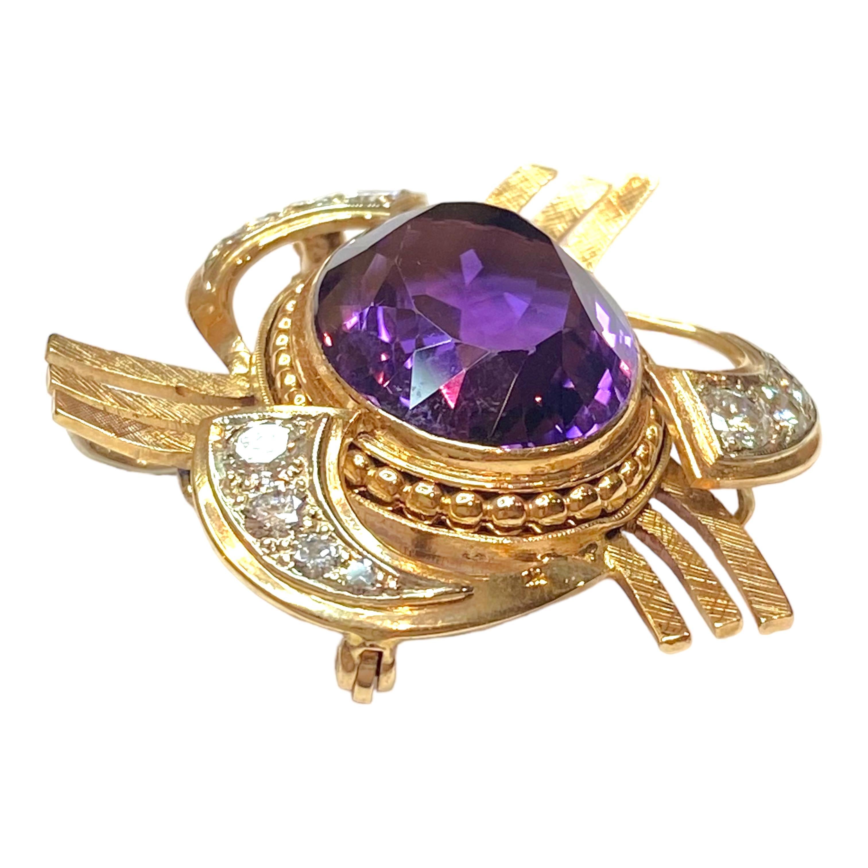 Retro 14K Gold Amethyst & Diamond Pendant Brooch In Good Condition For Sale In Henderson, NV