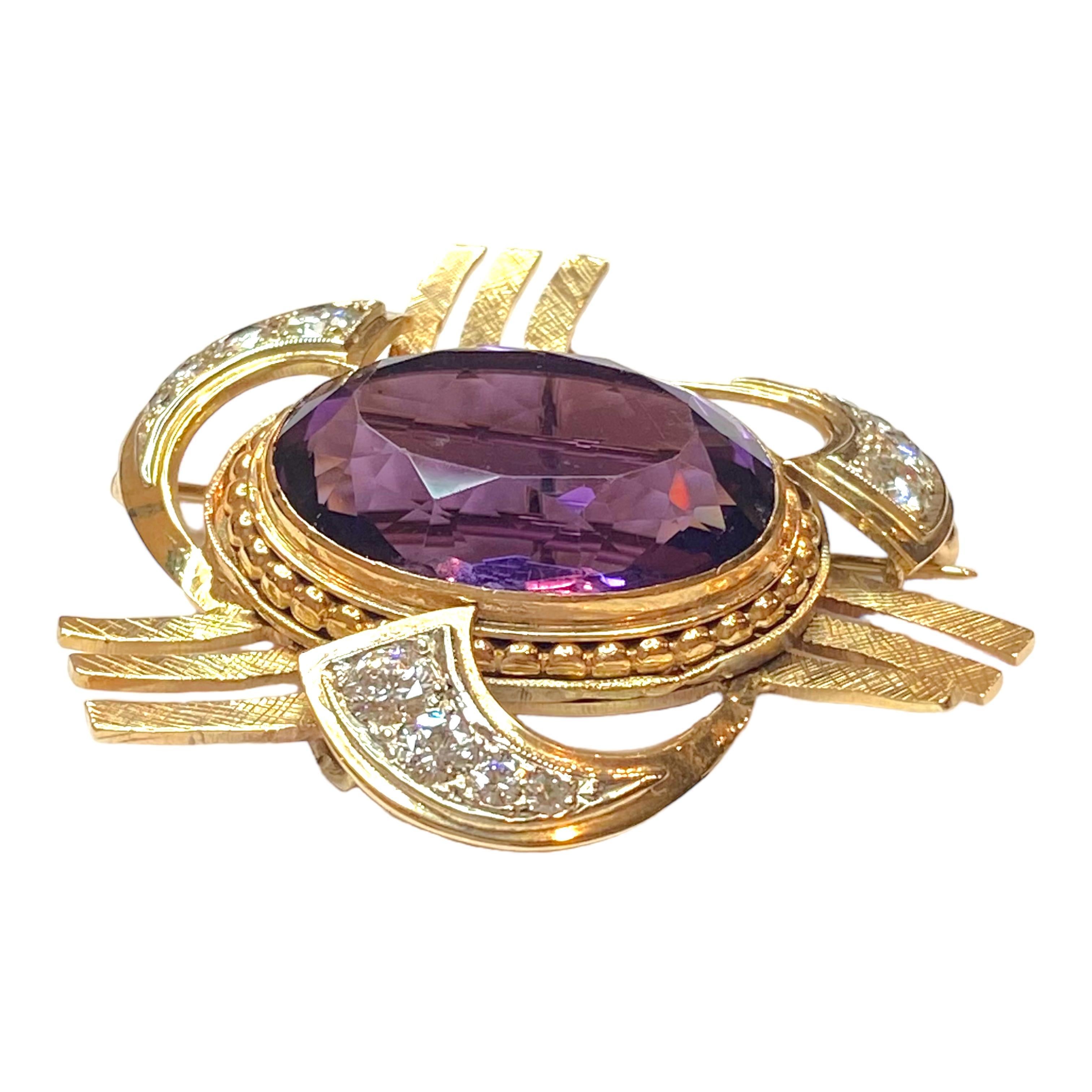 Women's or Men's Retro 14K Gold Amethyst & Diamond Pendant Brooch For Sale
