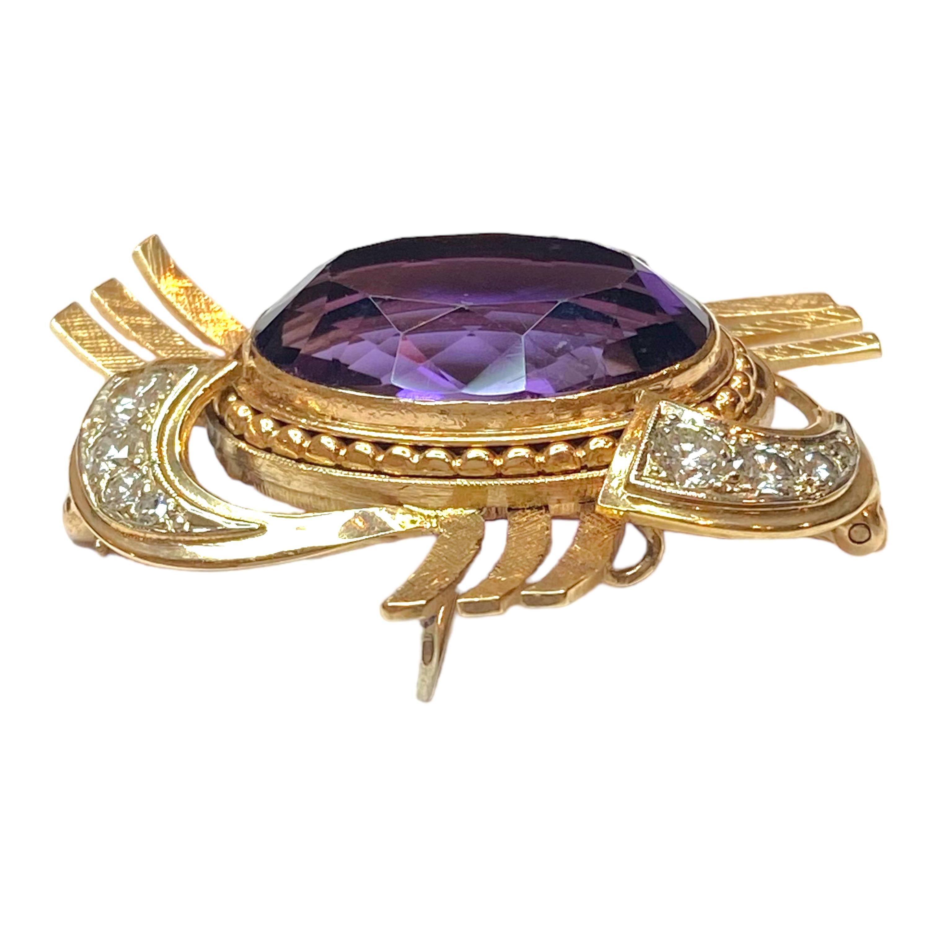 Retro 14K Gold Amethyst & Diamond Pendant Brooch For Sale 1