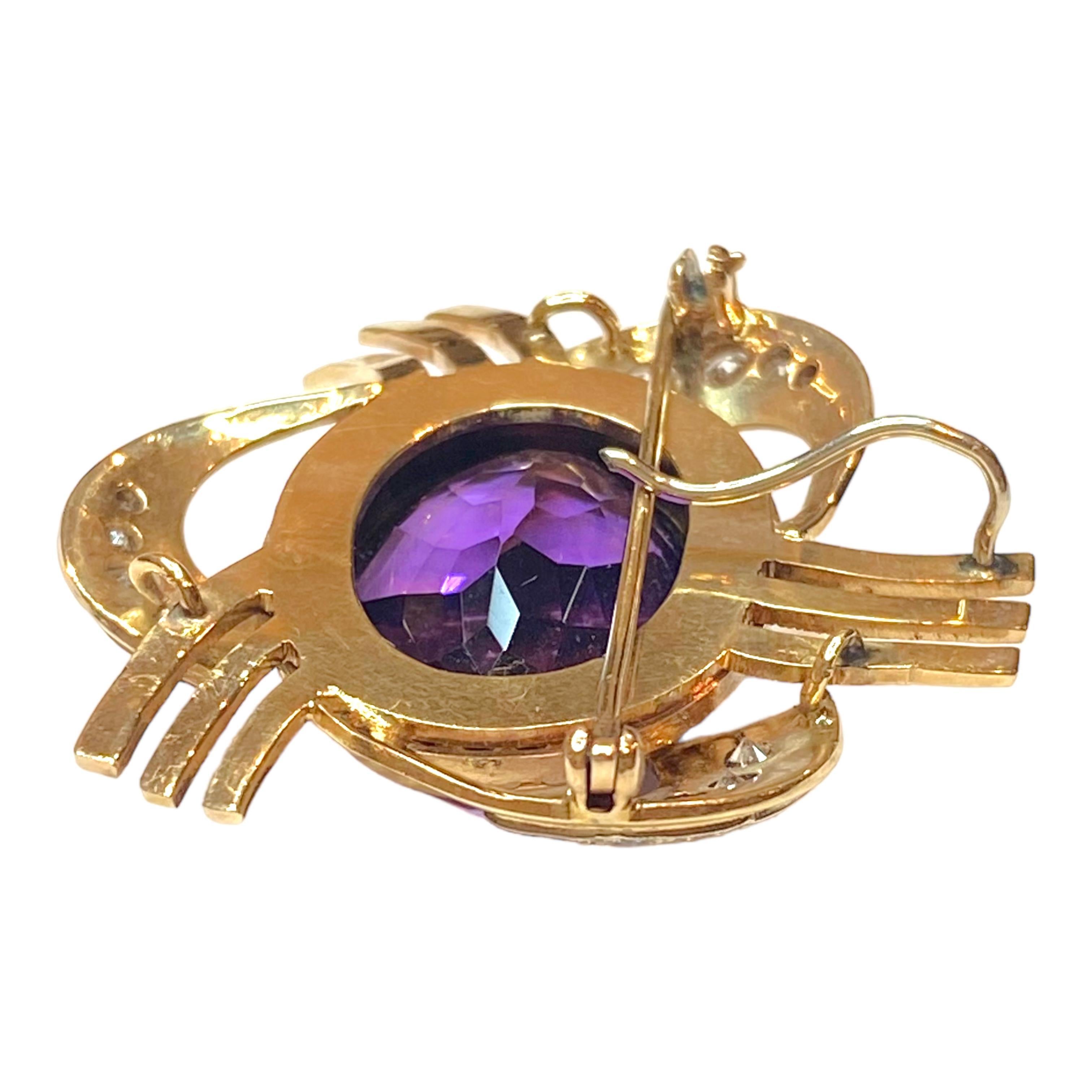 Retro 14K Gold Amethyst & Diamond Pendant Brooch For Sale 2