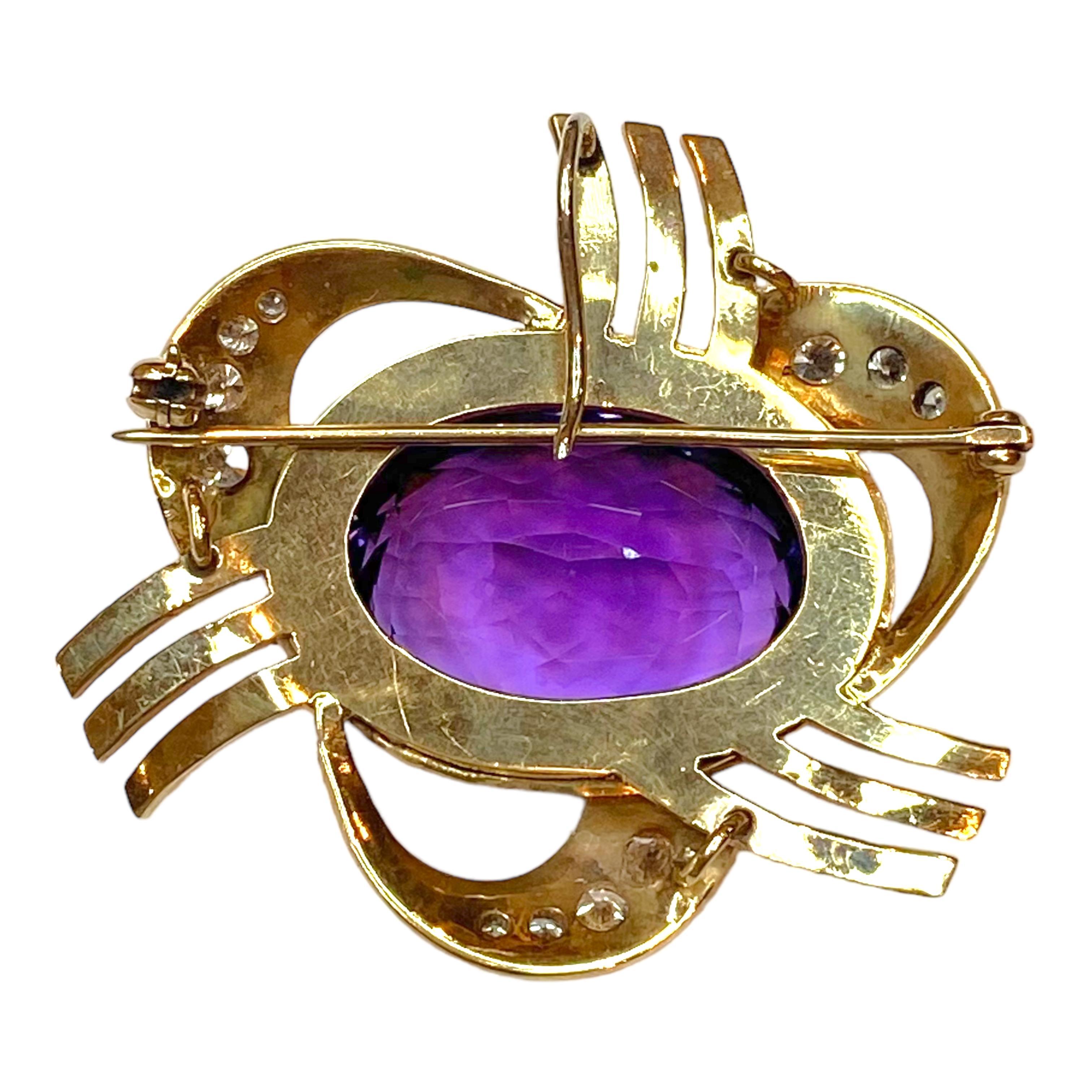 Retro 14K Gold Amethyst & Diamond Pendant Brooch For Sale 3