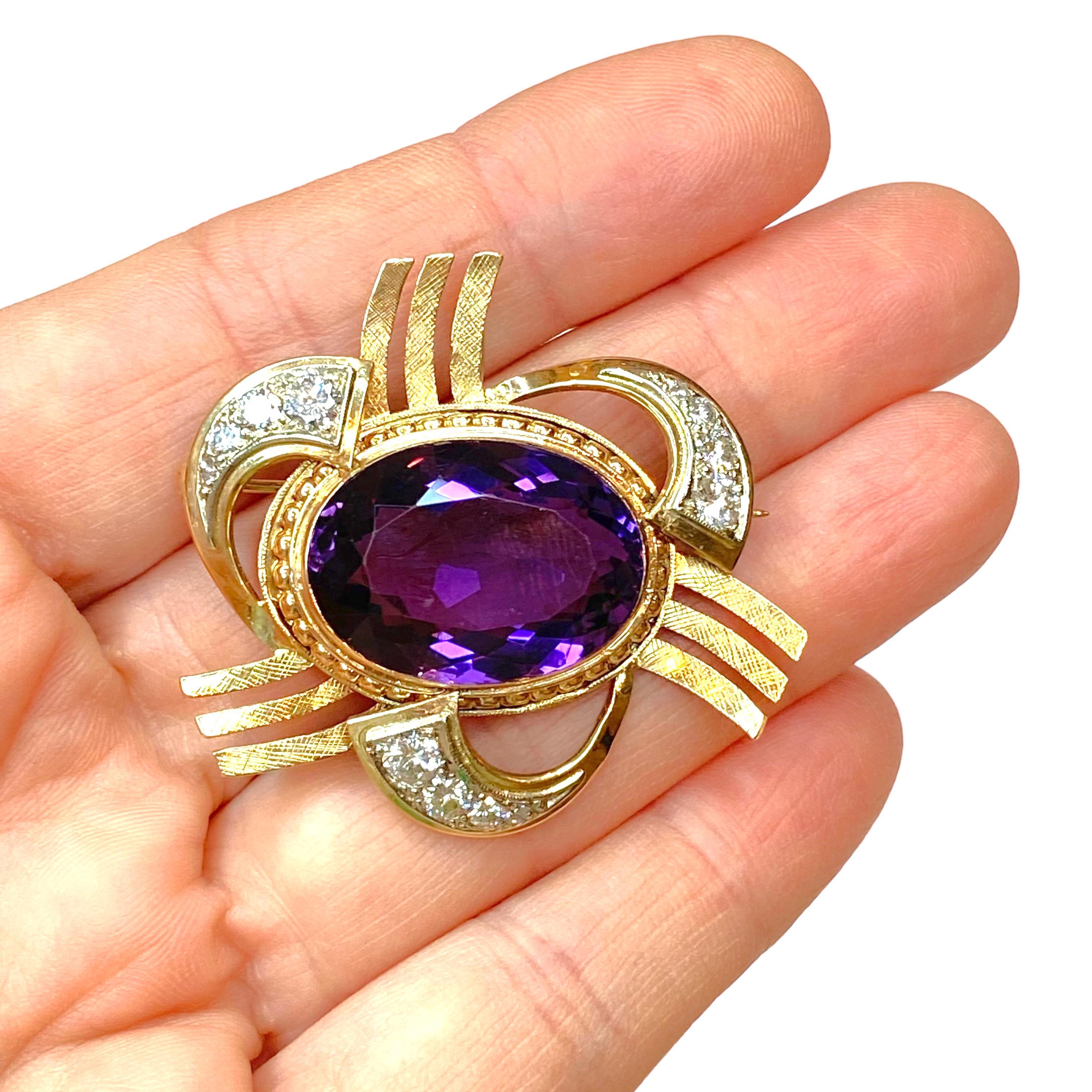 Retro 14K Gold Amethyst & Diamond Pendant Brooch For Sale 4