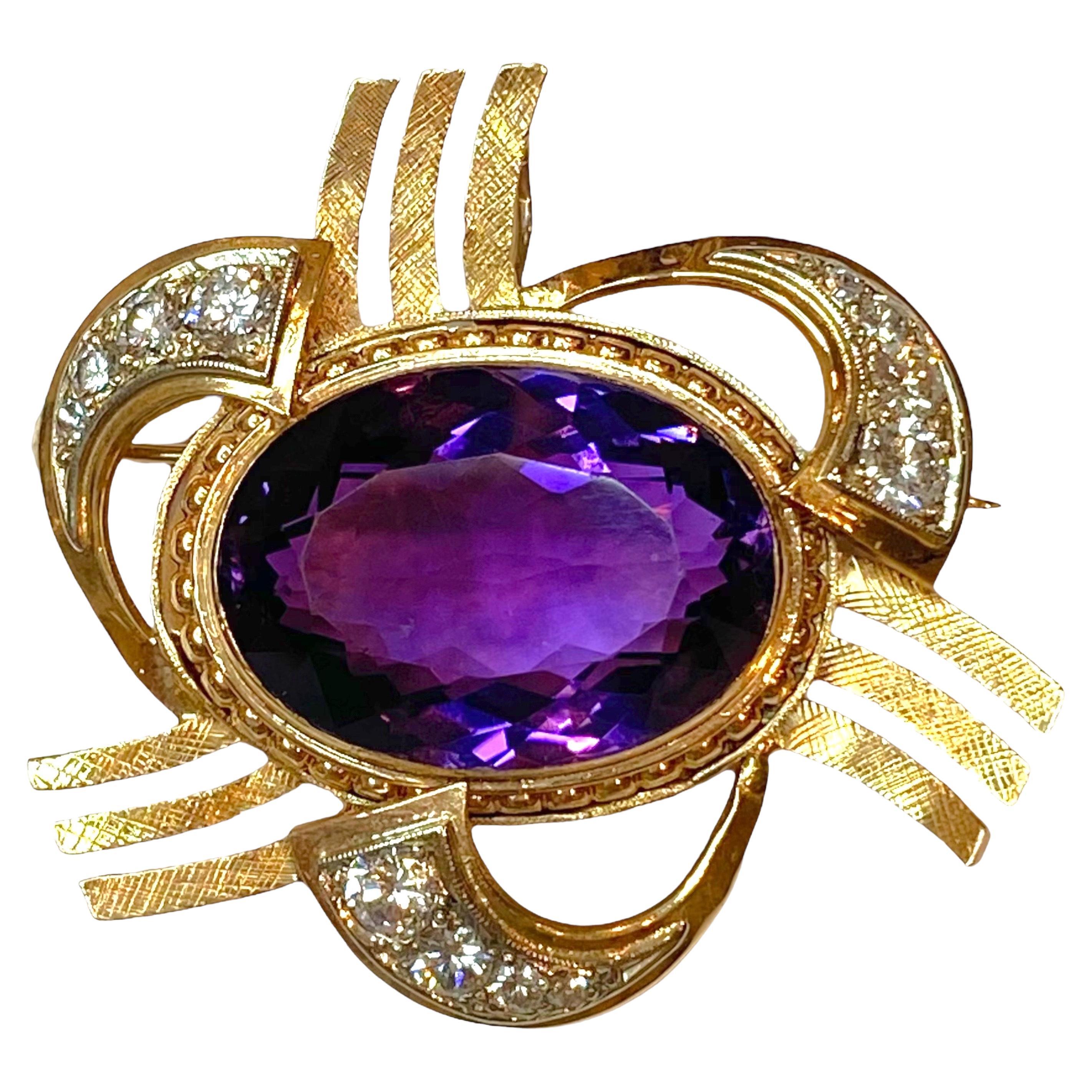 Retro 14K Gold Amethyst & Diamond Pendant Brooch