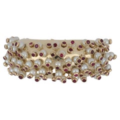 Retro Articulated Pearl and Ruby Cuff Bracelet in 14K Gold