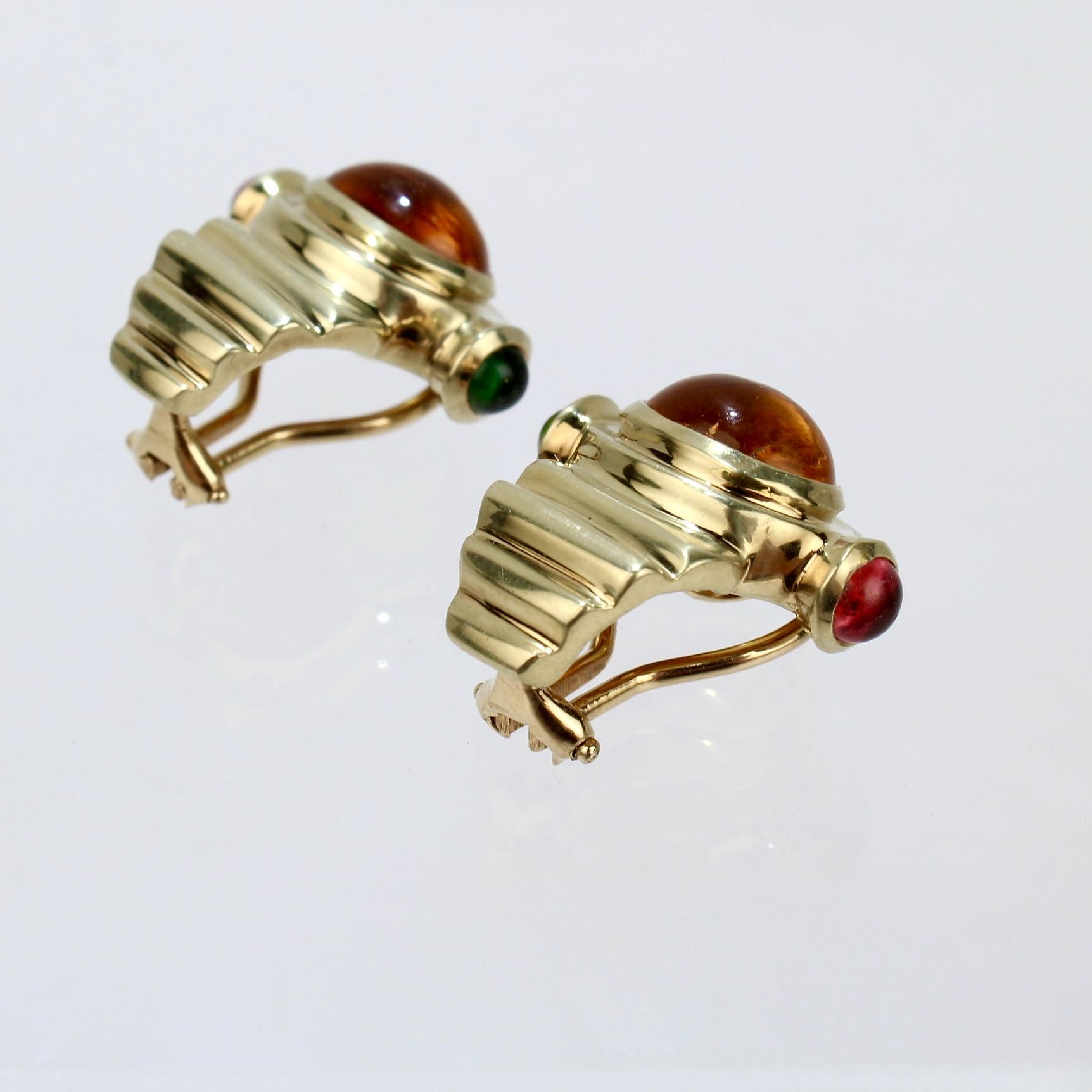 Retro 14k Gold Citrine, Pink & Green Tourmaline Gemstone Clip-On Earrings, 1980s In Good Condition For Sale In Philadelphia, PA