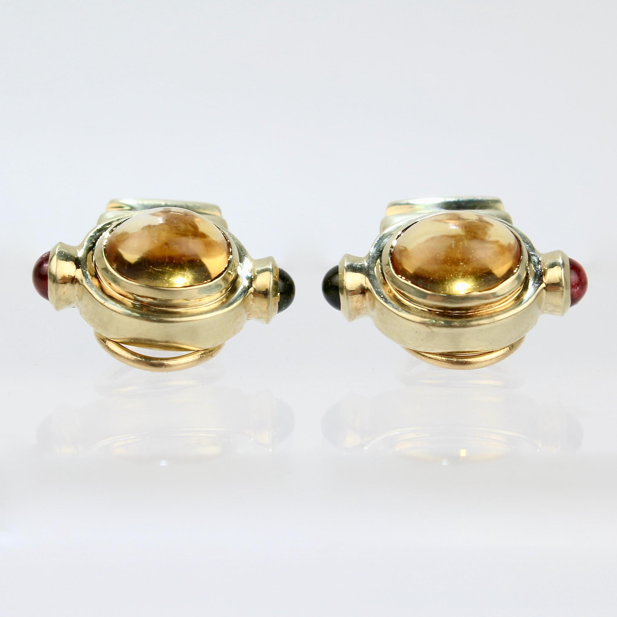 Retro 14k Gold Citrine, Pink & Green Tourmaline Gemstone Clip-On Earrings, 1980s For Sale 1