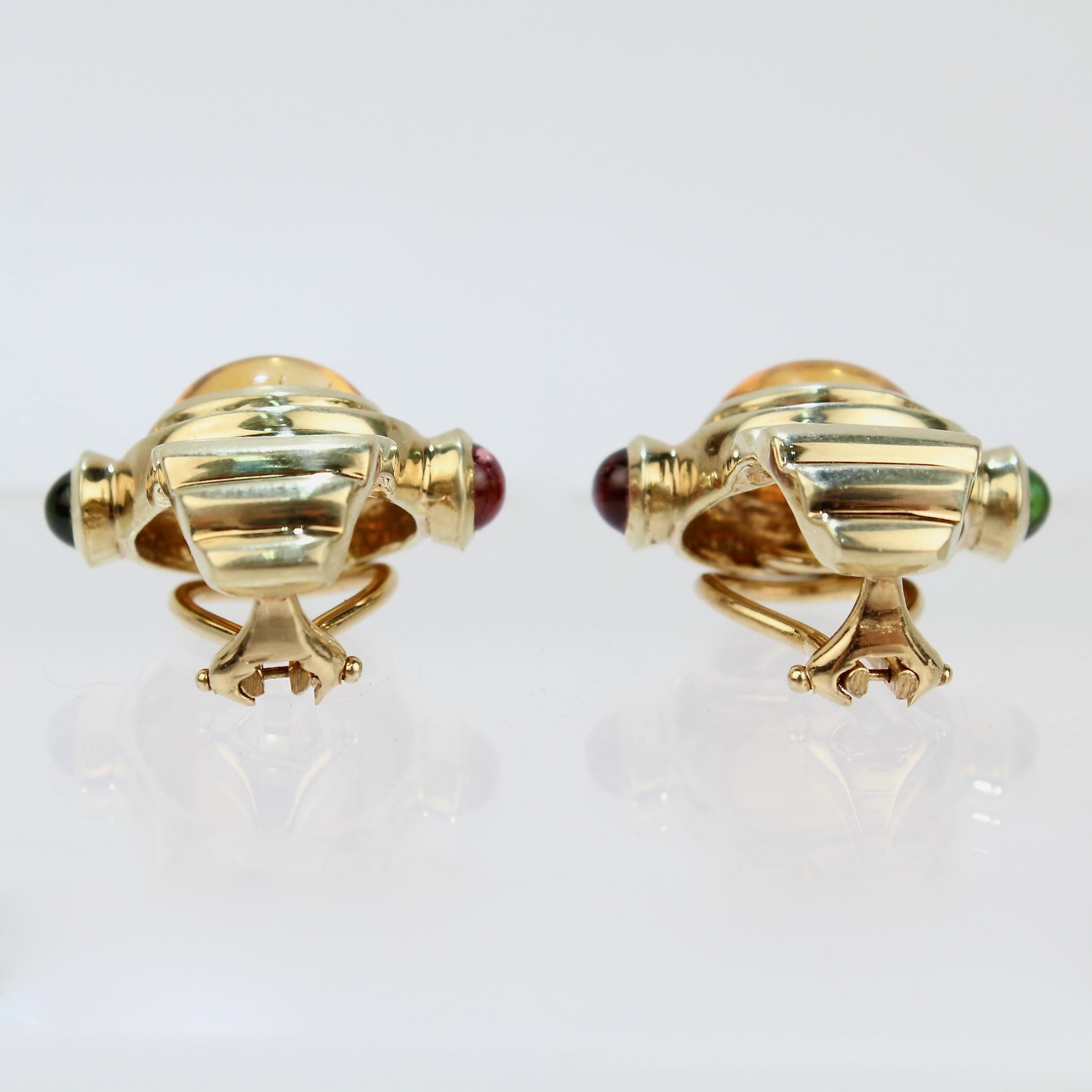 Retro 14k Gold Citrine, Pink & Green Tourmaline Gemstone Clip-On Earrings, 1980s For Sale 2