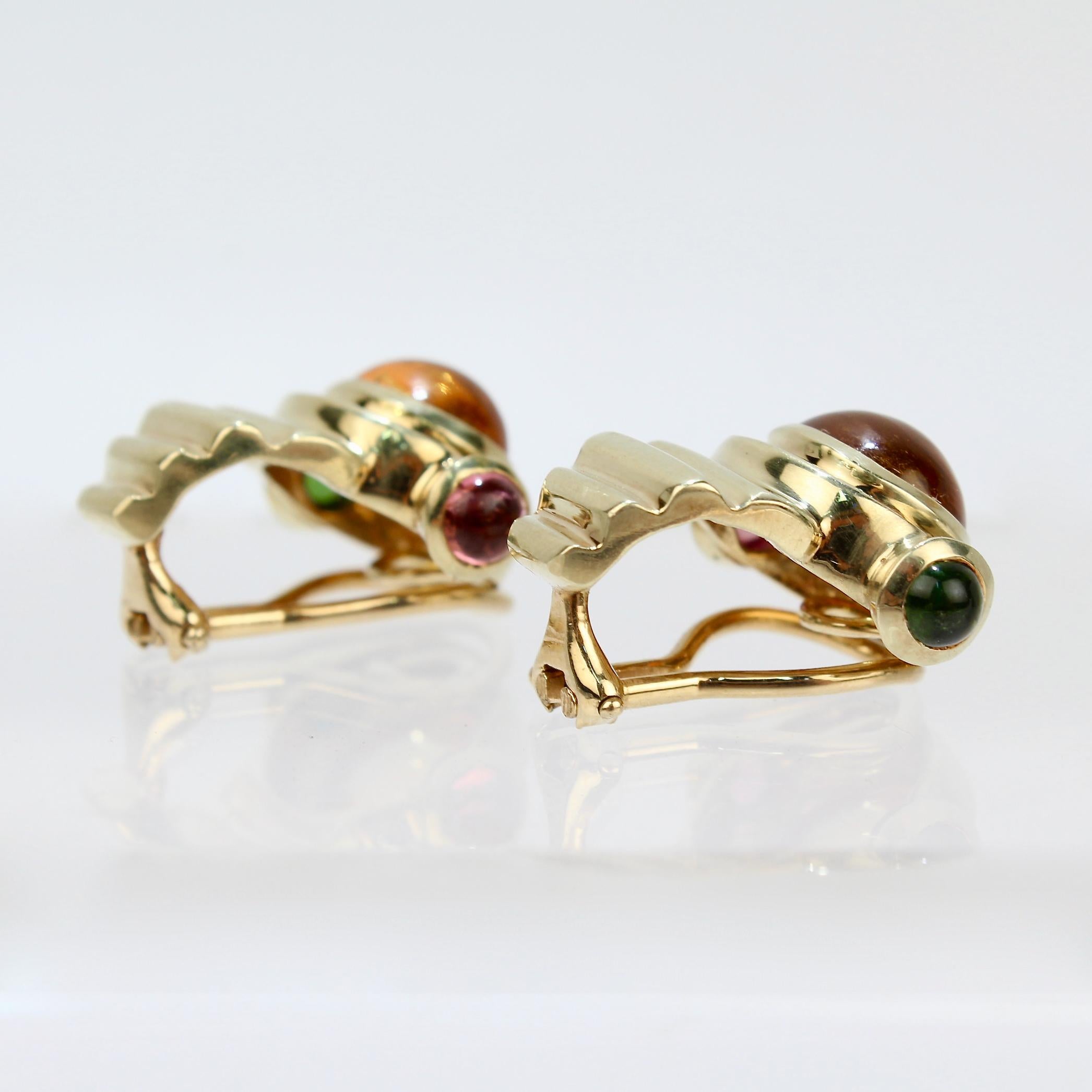 Retro 14k Gold Citrine, Pink & Green Tourmaline Gemstone Clip-On Earrings, 1980s For Sale 3