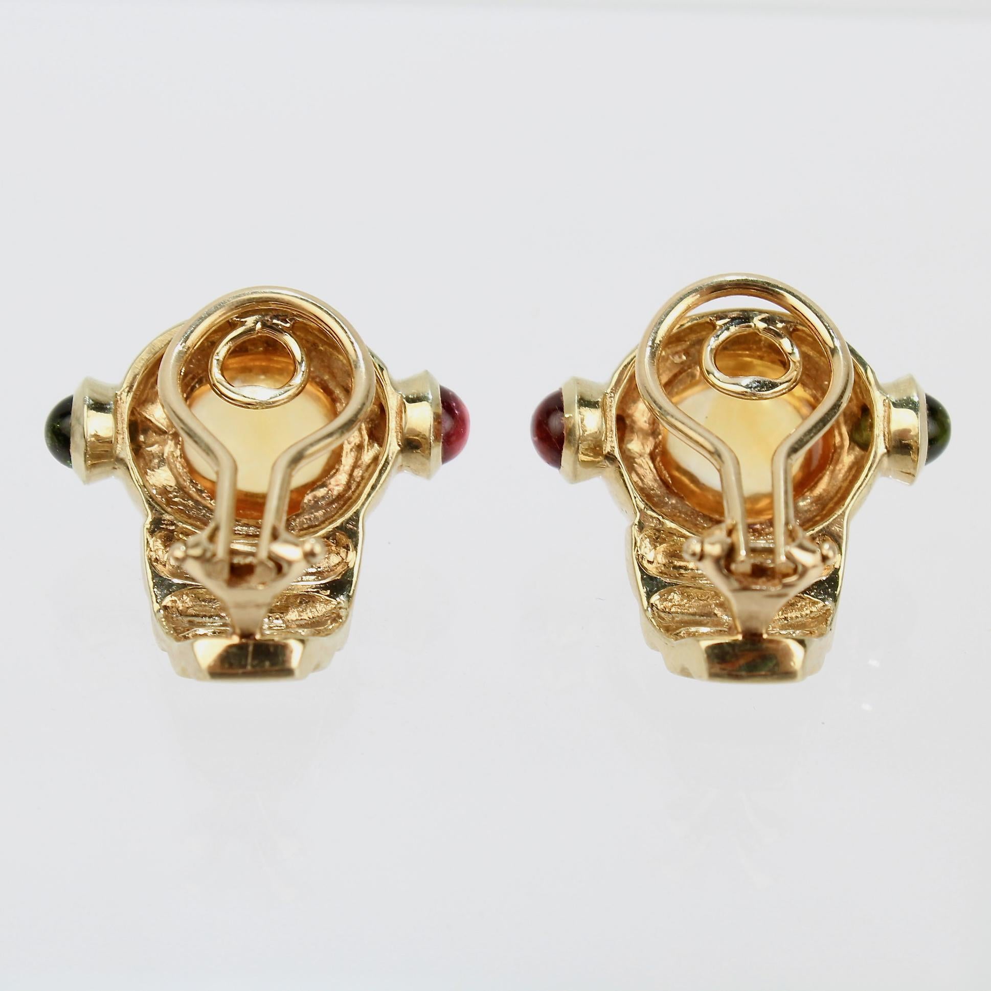 Retro 14k Gold Citrine, Pink & Green Tourmaline Gemstone Clip-On Earrings, 1980s For Sale 4