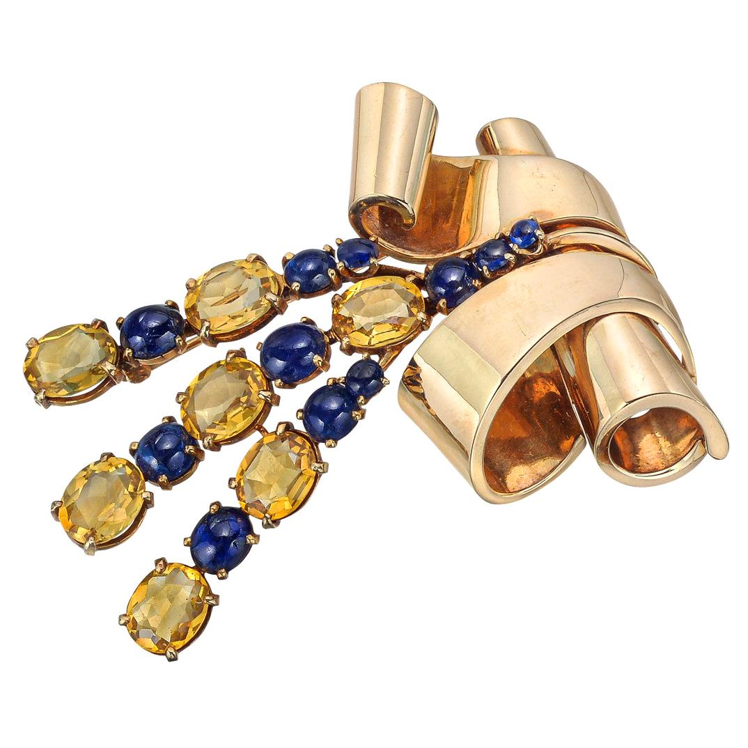 Retro 14k Gold, Citrine & Sapphire Brooch For Sale